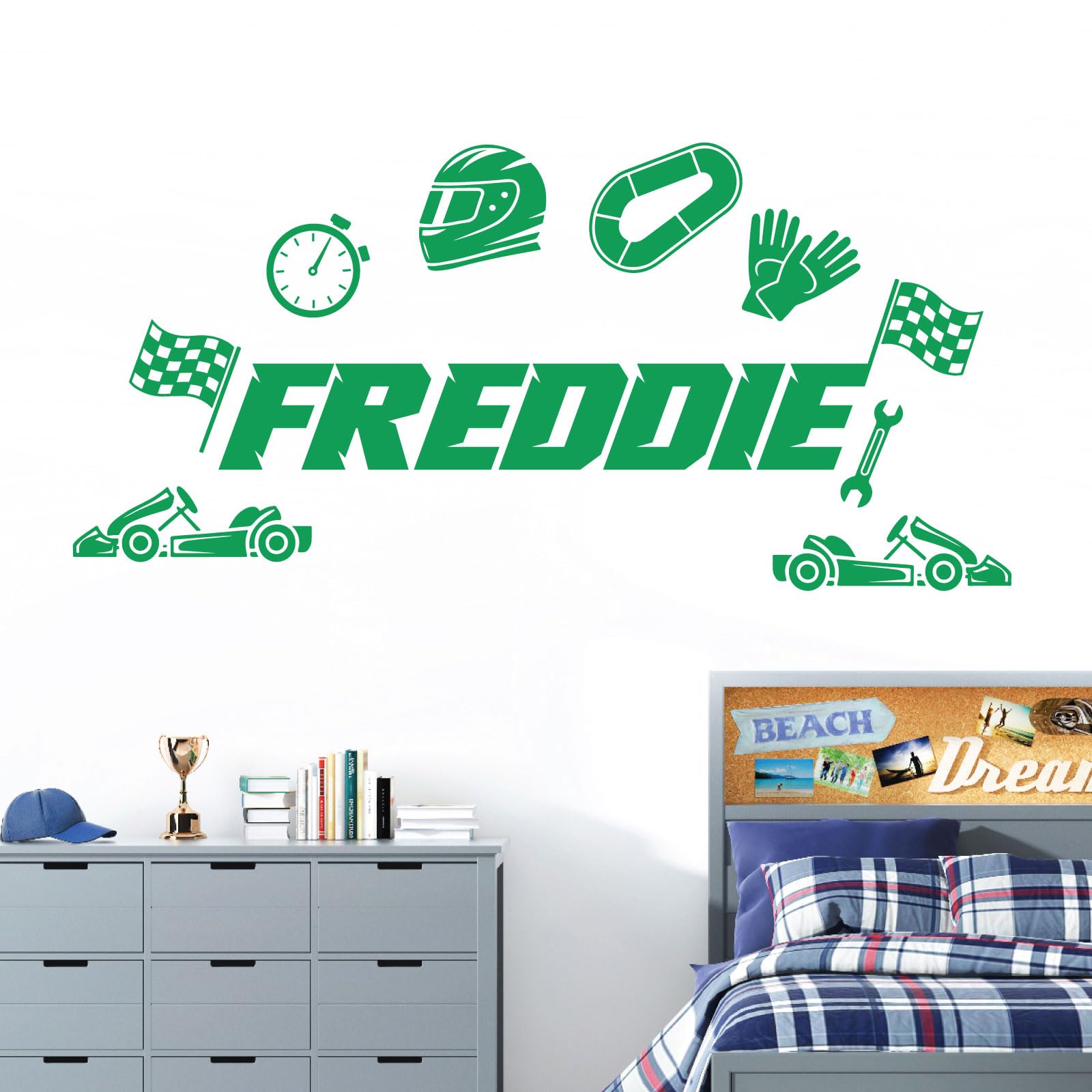 Personalised Name Children Wall Art Sticker - Car Racing, Racer, Formula 1 [Large] [Cactus] — image 1