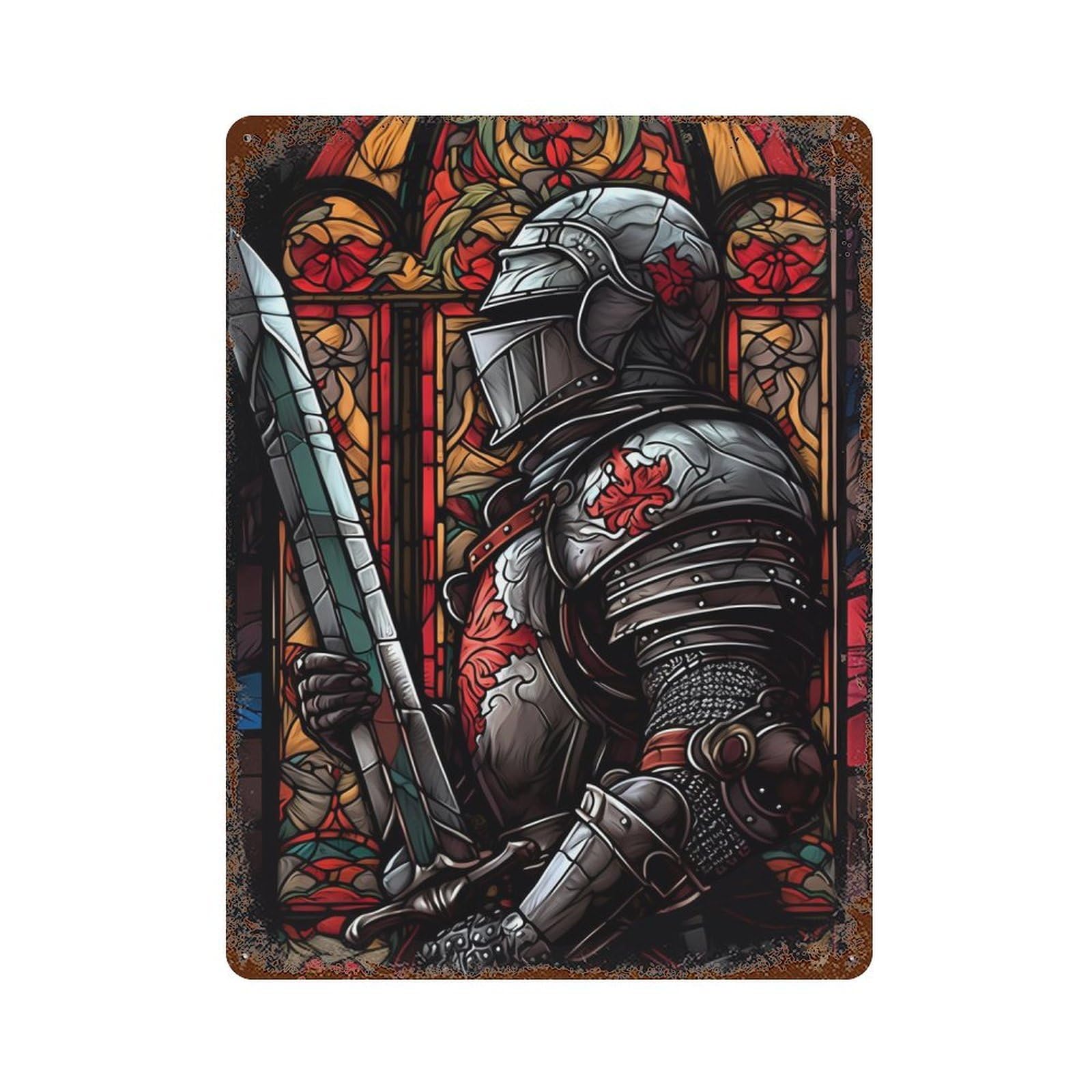 Garage Style Soldier with Sword 3 Aged Metal Wall Plaque 15.7"x11.8", Novelty Wall Decor for Bar And Workshop