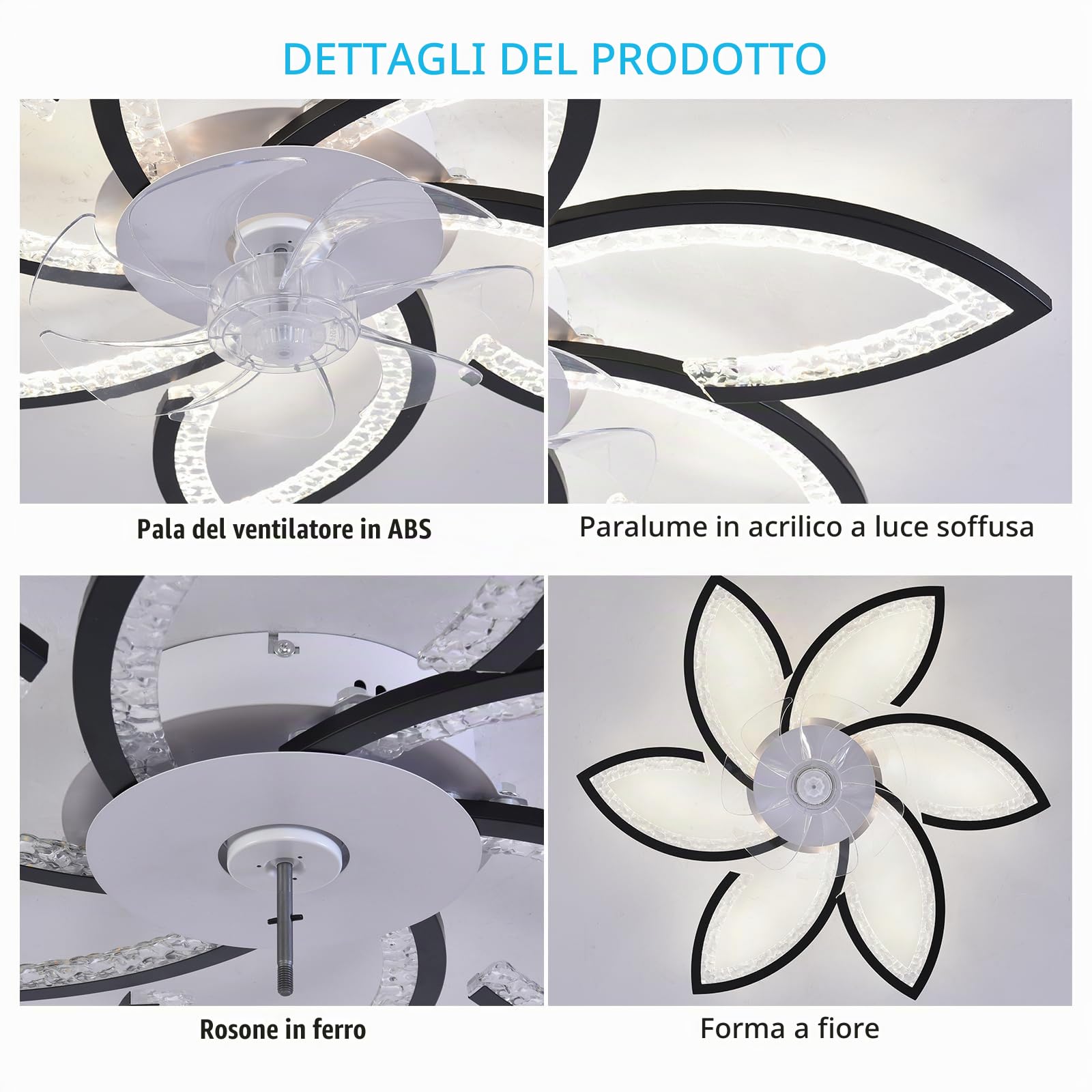 Ventilatore da Soffitto con Luce LED e Telecomando, 78 cm | Moderno Lampadario LED Dimmerabile Nero, 6 Velocità, Motore DC Silenzioso Reversibile, Timer per Camera e Soggiorno