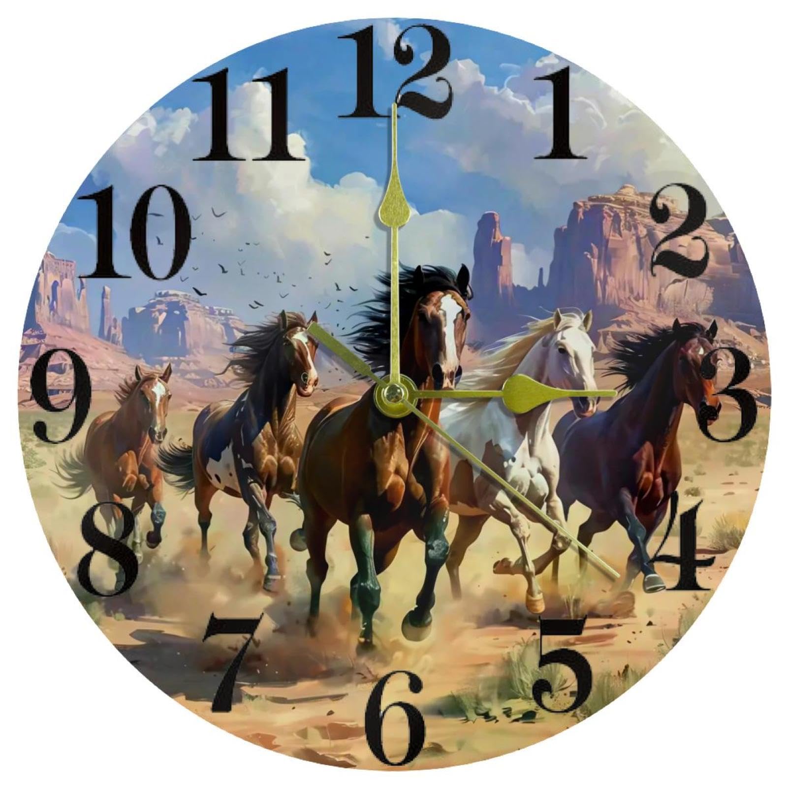 Horloge murale chevaux au galop ronde et silencieuse pour decoration de bureau