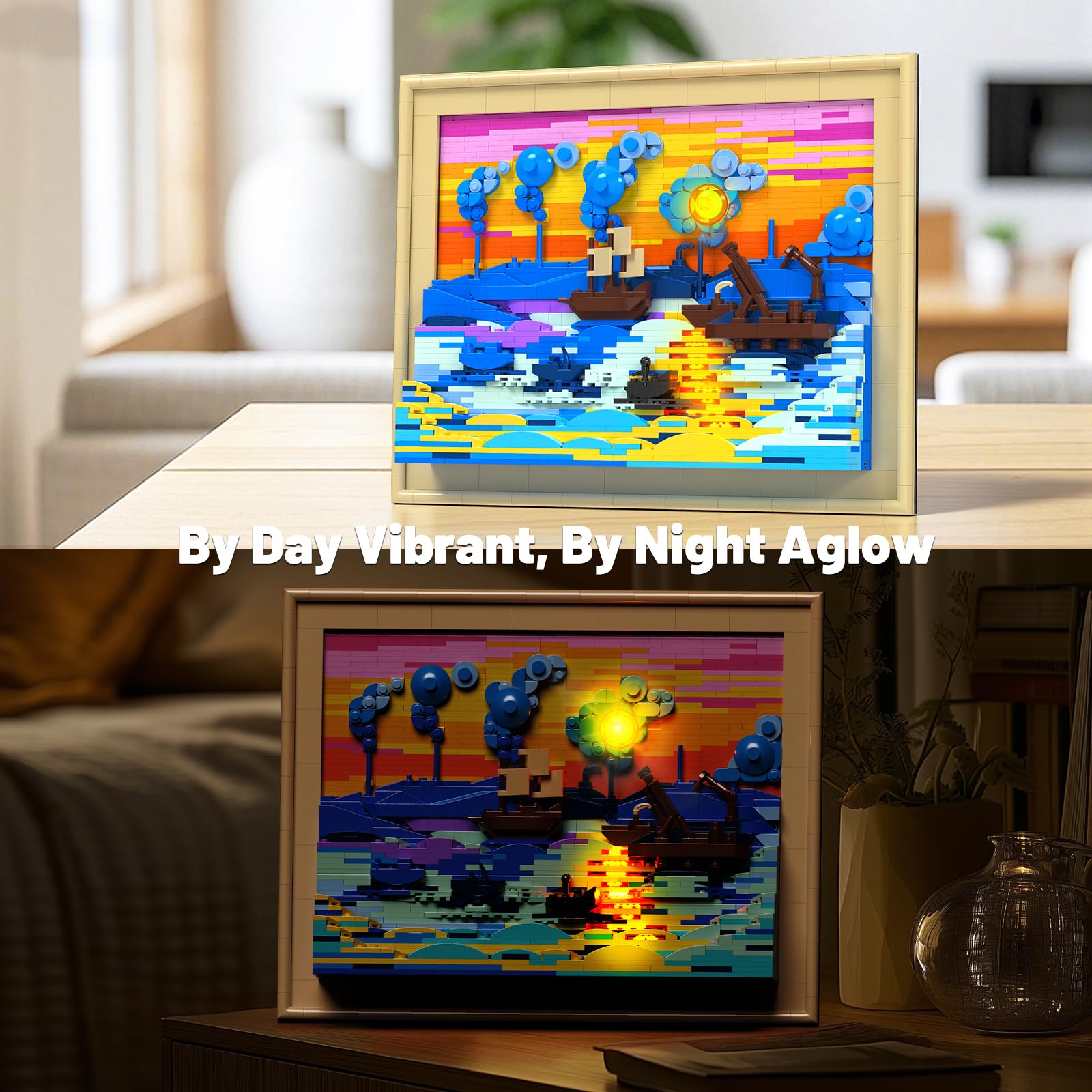 JMBricklayer Impression Sunrise - Juego de construcción para adultos, bloques de arte iluminados enmarcados en 3D, kit de modelo de decoración de pared LED, regalo para el día de la madre