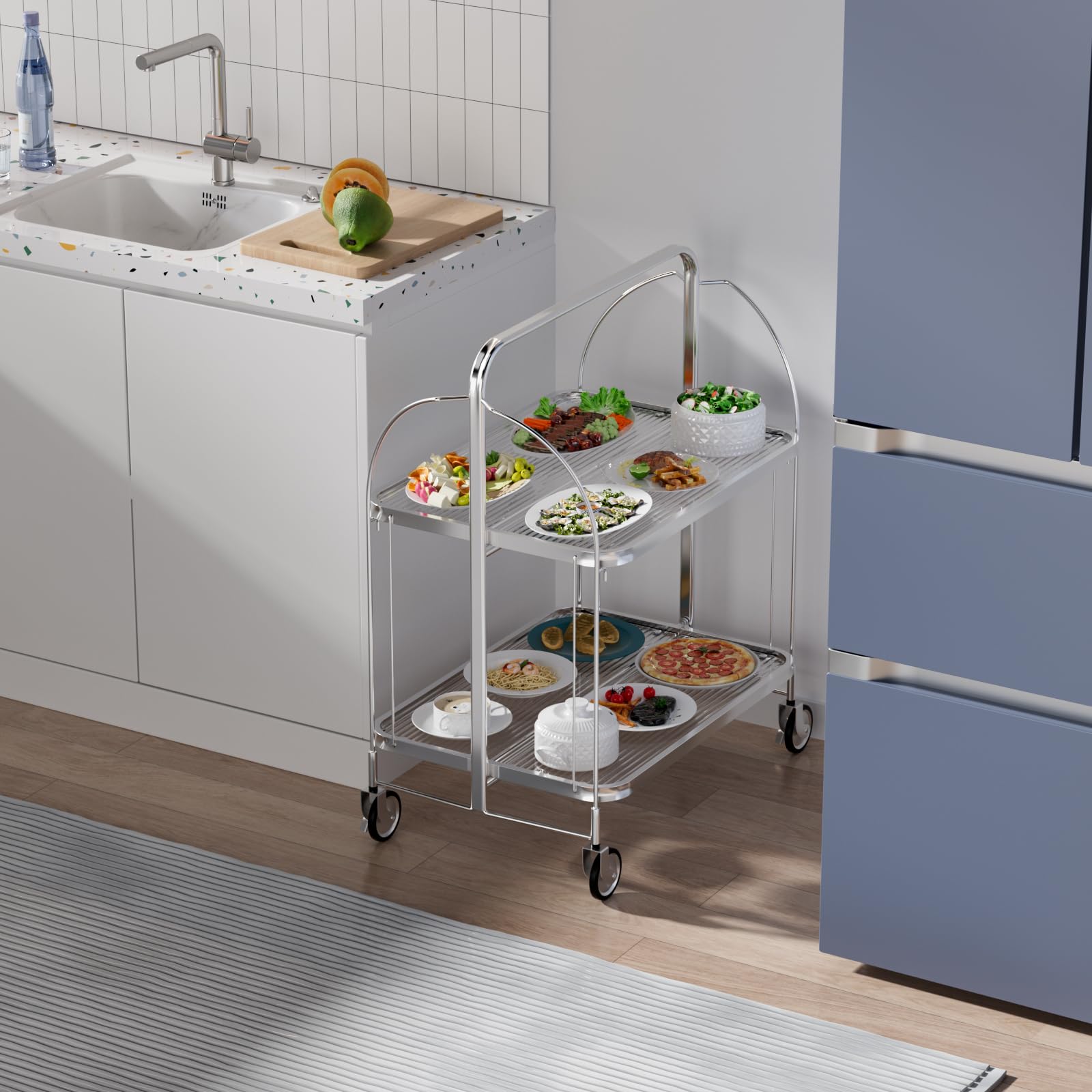 Servierwagen mit Rollen, Servierwagen Klappbar, Dinett 2 Tier Ablagekorb aus Temperglas with Wheels, für Küche, Barwagen, Rollwagen Metall, Teewagen, Weinwagen, moderner Getränkewagen