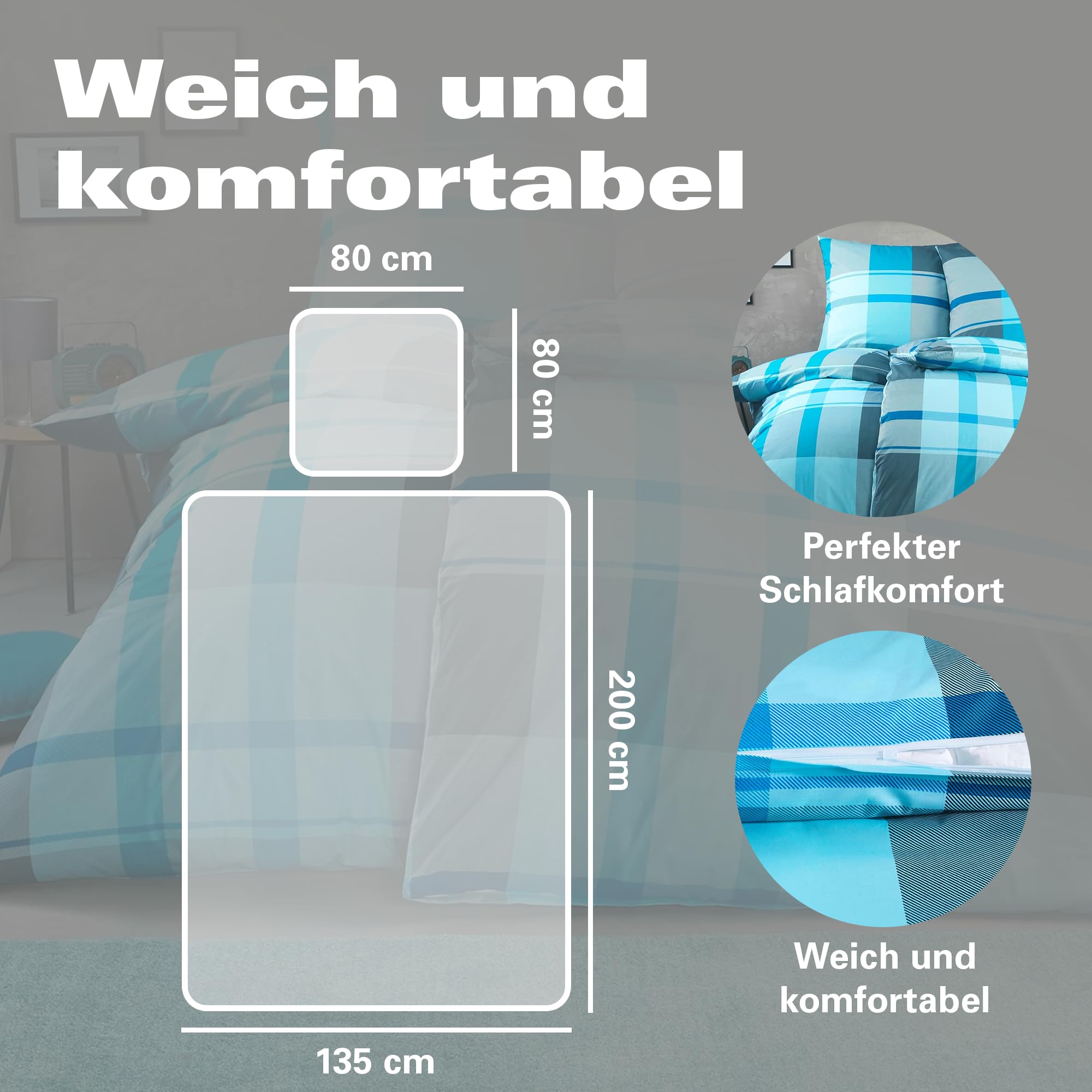 BaSaTex Bettwäsche Set Renforcé, 4-TLG., 135 x 200 cm, Karo Türkis | 100% Baumwolle, Öko_Tex Zertifiziert, Reißverschluss