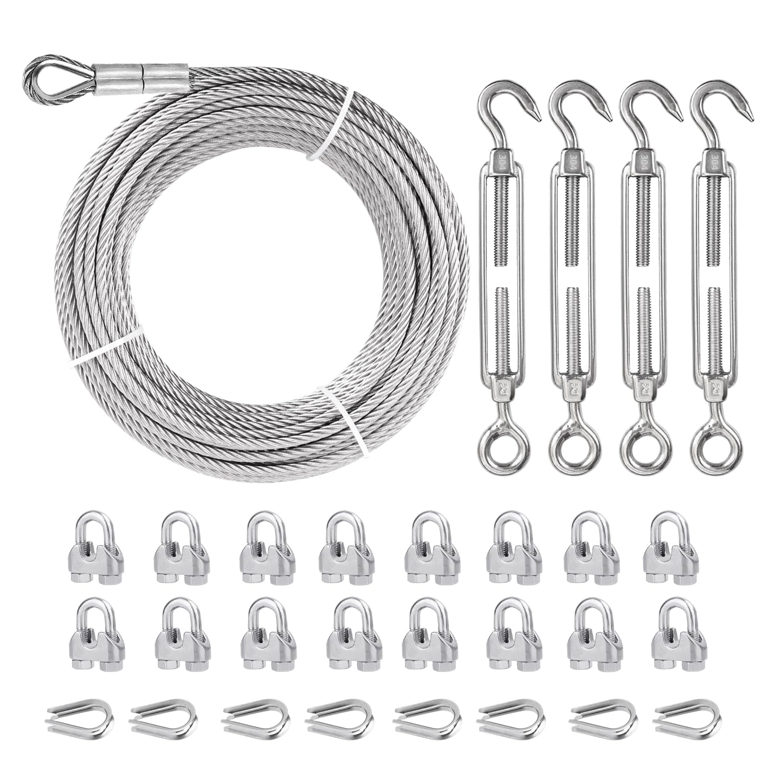 1/4 Stainless Steel Cable with 4Pcs Turnbuckles, Turnbuckles for Cables Wire, 50Ft Wire Rope Kits with Loops Contains CO Turnbuckles for Zip Line