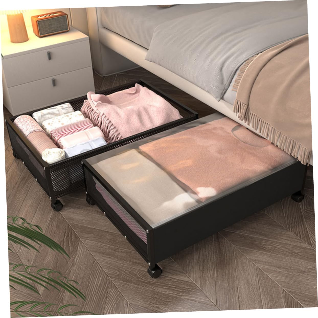 Garneck Roller Bed Bottom Basket Blankets Container Rolling Toy Storage Bed Clothes Organizer Storage Bins Storage Cart Clothes Storage Holder Storage Shelf Non-woven Fabric Black