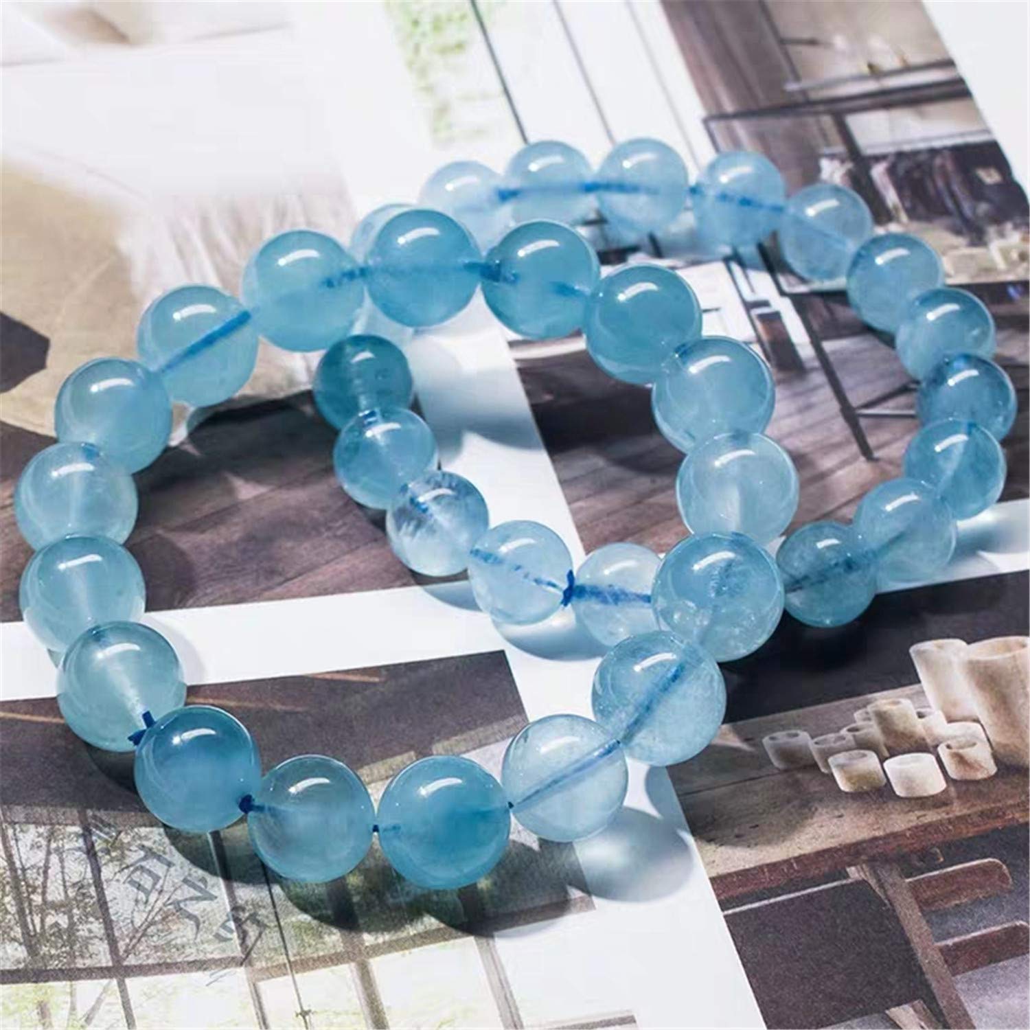 MOCHAMIK Echtes natürliches blaues Aquamarin-Kristall-Stretch-Klar-Runde-Perlen-Armband für Damen und Herren, 7–13 mm