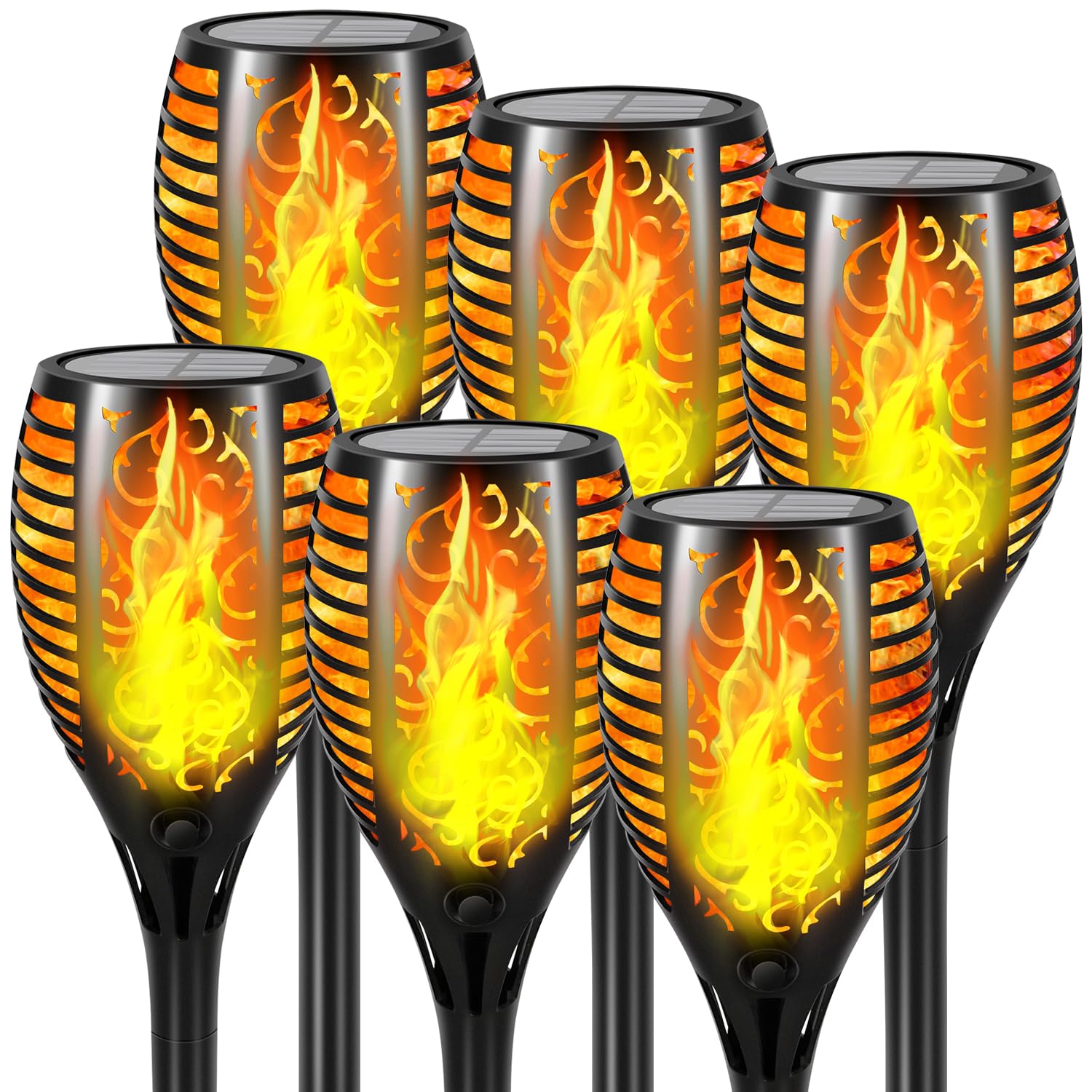 Verbesserte größere Solarleuchten für den Außenbereich – 6 Stück 51 LED-Solar-Fackeln mit flackernder Flamme für Gartendekoration, Höhere 58,4 cm Hofbeleuchtung, wasserdichte Tiki-Fackeln