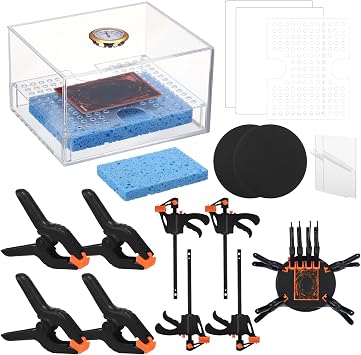 Didaey Card Flattening Kit Trading Card Flattening Tool Accessory Kit Included 1 Moisturizing Box 2 Acrylic Plates 4 Vices 4 Clamps 2 Indent Mats for Fix Bent CardsClear,Acrylic