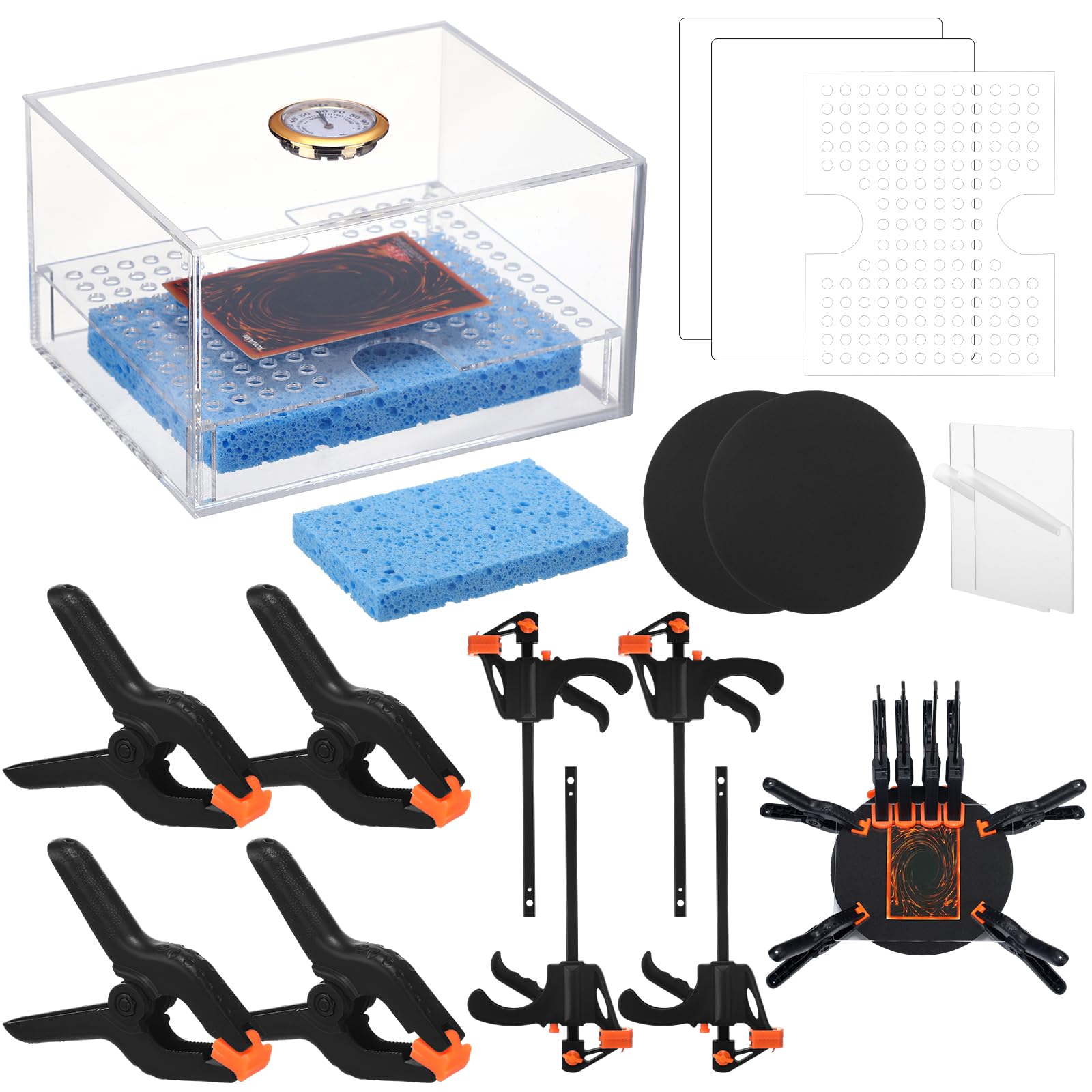 Didaey Card Flattening Kit Trading Card Flattening Tool Accessory Kit Included 1 Moisturizing Box, 2 Acrylic Plates, 4 Vices, 4 Clamps, 2 Indent Mats for Fix Bent Cards Flatten Lifted Edges (Acrylic)