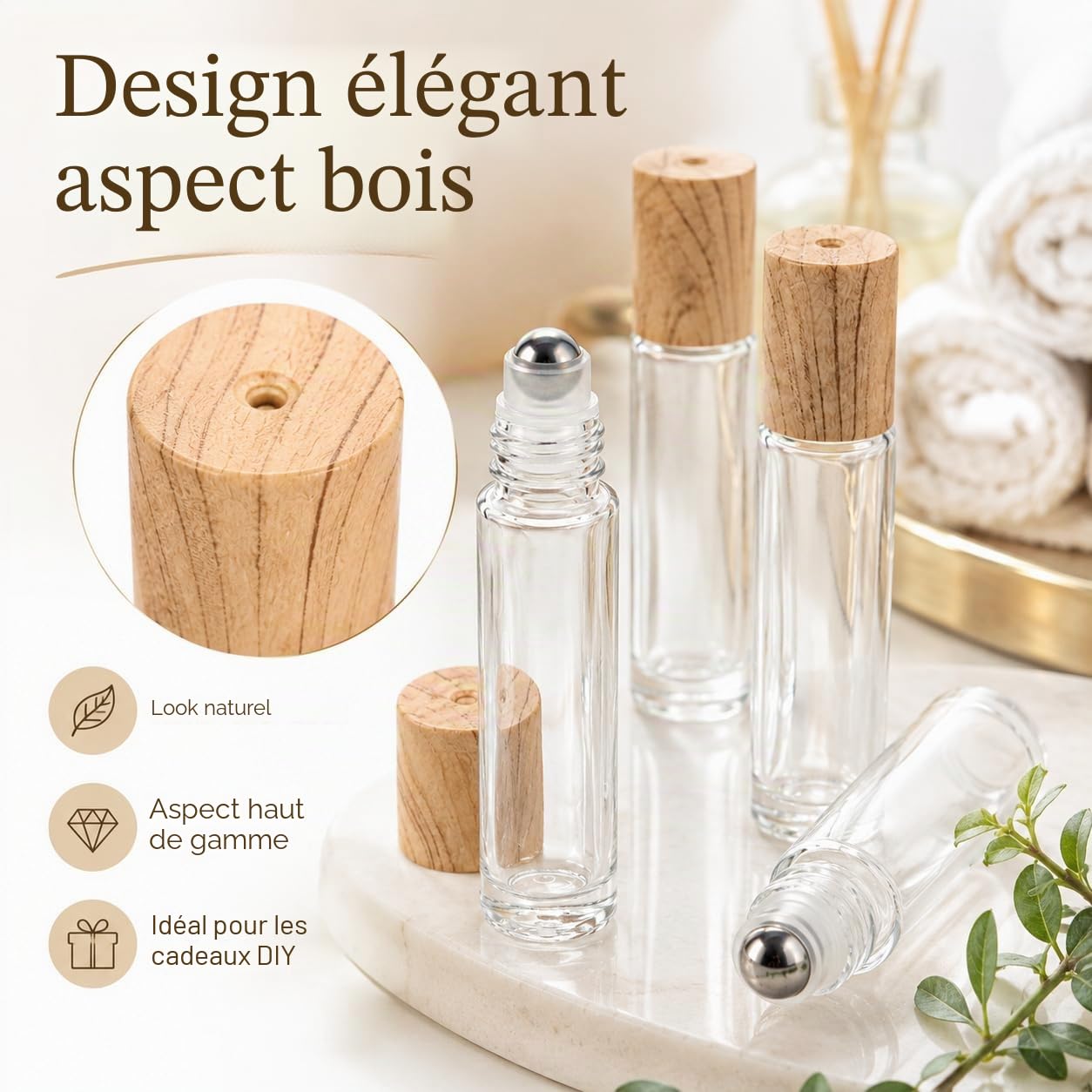 CYEER 24 Flacons Roll On Vide 10ml, Bouteilles en Verre Transparent avec Billes en Acier Inox et Bouchons Aspect Bois, Kit DIY pour Huiles Essentielles, Parfum, Aromathérapie et Voyage
