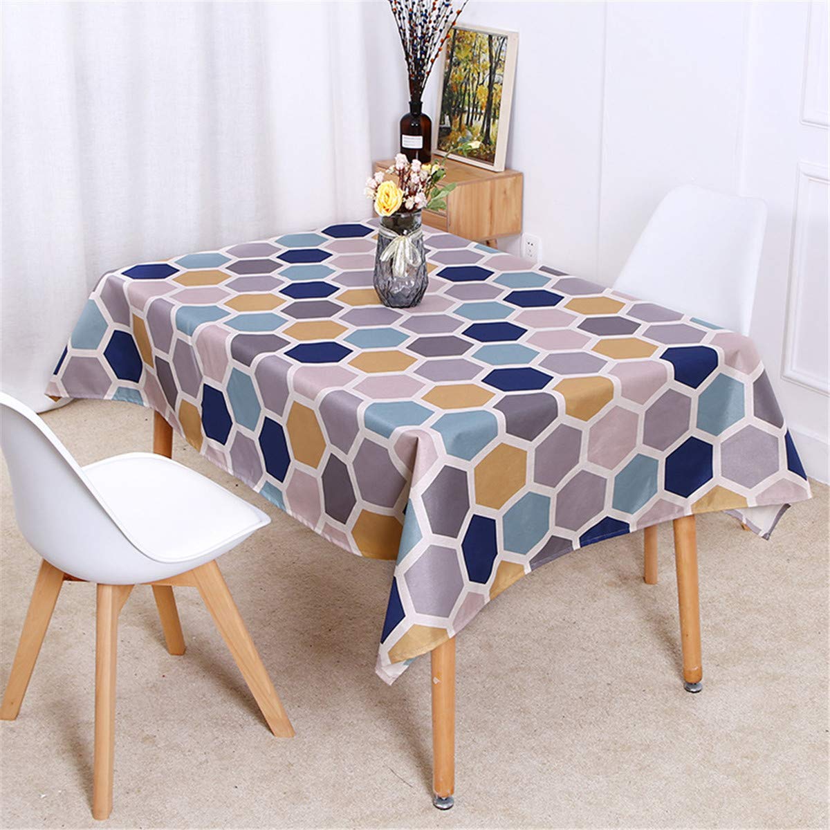 Fansu Multicolored Polygons Tablecloth Cotton Linen Waterproof, Geometric Rectangular Table Cloth Wipe Clean Oil-Proof Stain-Resistant Dust-Proof Table Cover For Kitchen Dining Party Garden (,90X90cm)