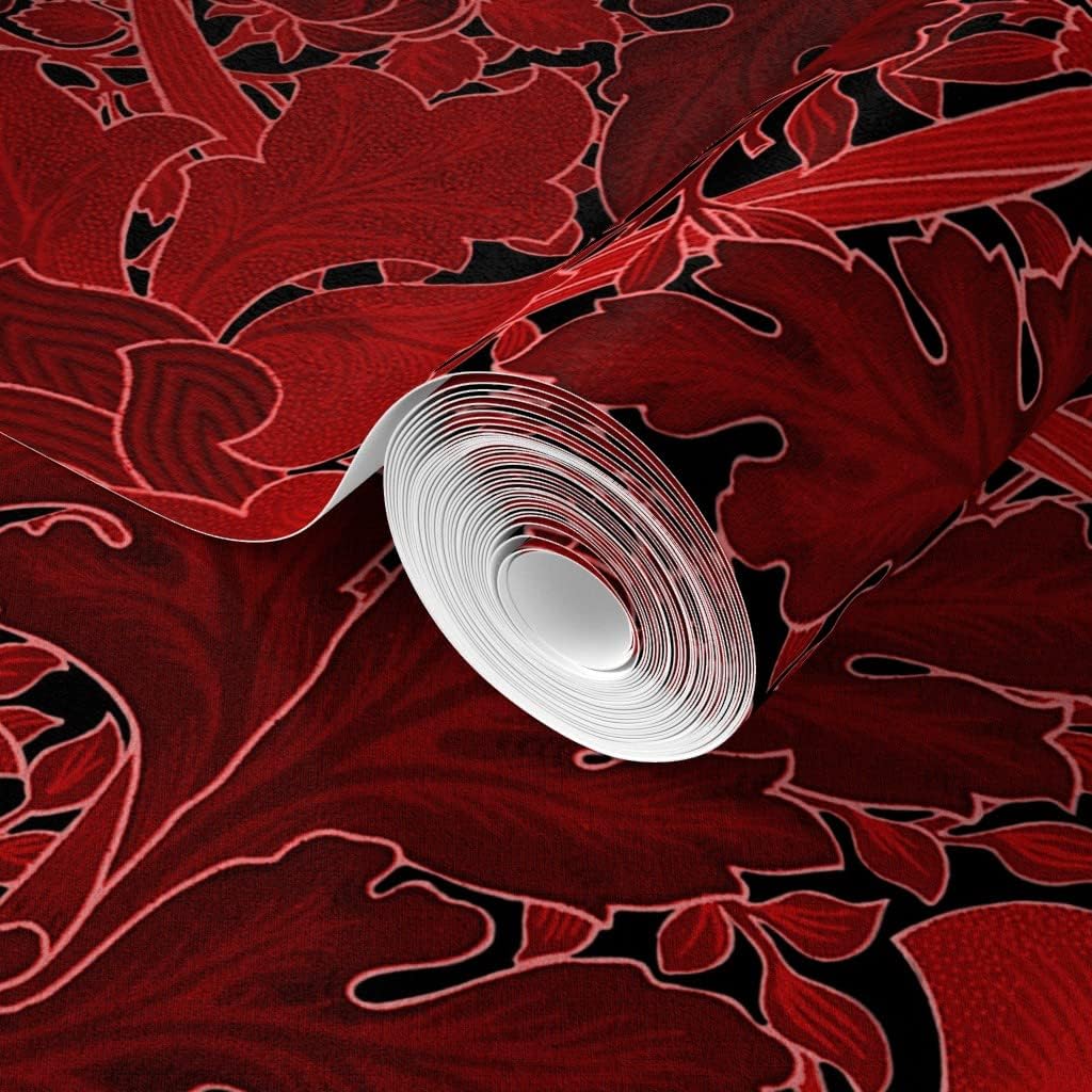 Spoonflower Commercial Grade Wallpaper 27ft x 2ft - Damask Red Black Art Nouveau Victorian Floral Traditional Wallpaper