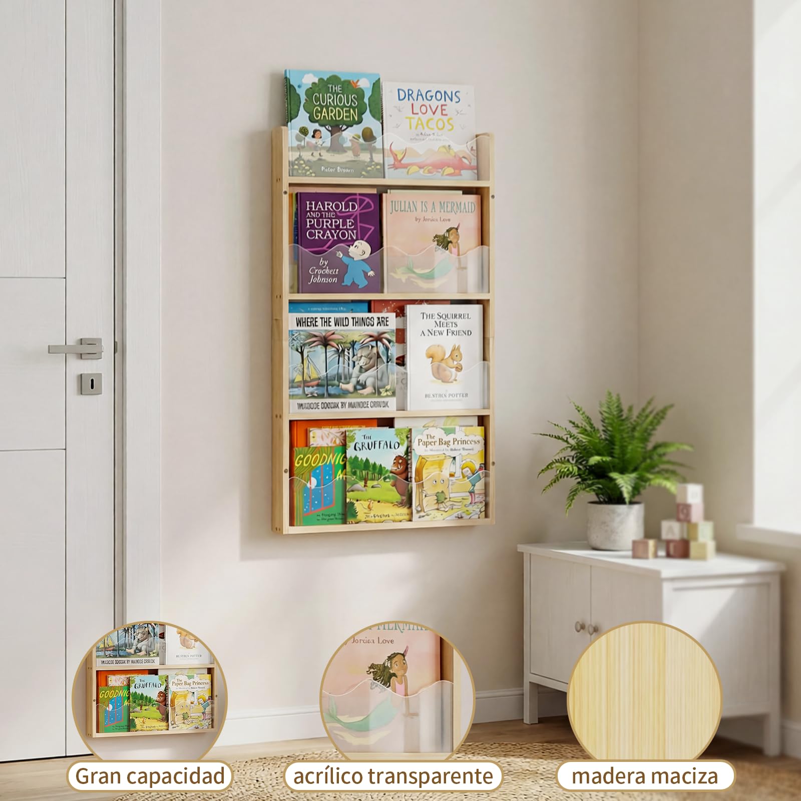 Librería Infantil de Pared 4 Niveles Madera y Acrílico, Estantería para Libros Flotante Habitación Bebé, librería Montessori para bambinis, contenidos per libri per Bambini per angolo lettura