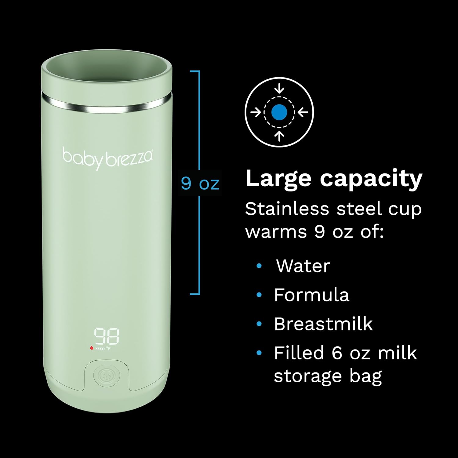 Baby Brezza SuperFast Portable Bottle Warmer 3x Faster than Others, Travel Milk Formula Warmer with 4 Temperature Settings, 9oz Capacity, USB Rechargeable, Safe & Even Heating, No Adapters, Sage Green