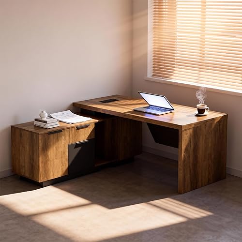 Miniatura 8 de Escritorio ejecutivo retráctil en forma de L, moderno escritorio de oficina con cajones y archivador lateral, escritorio grande para computadora con