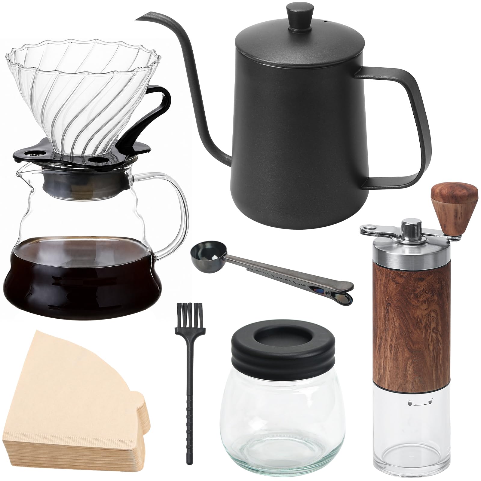 Juego de Molinillo de Café Manual de 7 Piezas,Juego de Cafetera para Verter con Hervidor, Café de Goteo Manual,Juego de Regalo para Cafetera,Adecuado para Viajar Desde Casa(100 Papel Filtro)