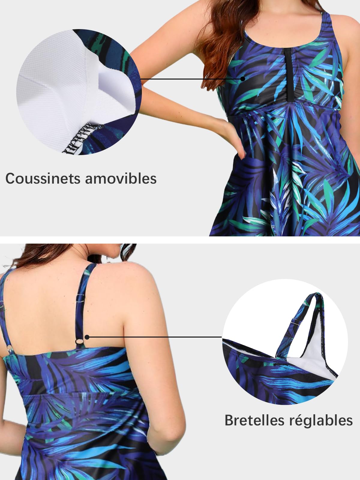 Ecupper Maillot de Bain Femme 2 Pieces Tankini Shorty Imprimé Rembourré Maillot avec Short de Garçon