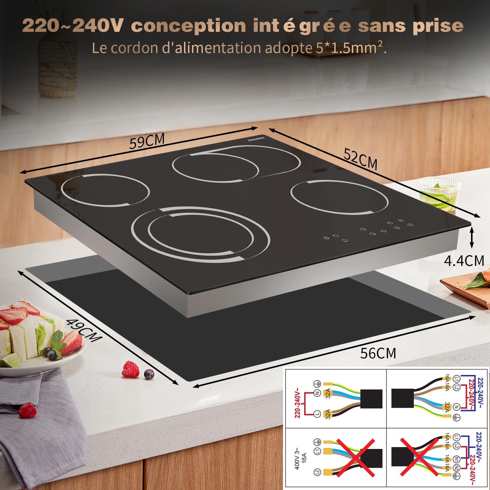 Plaque Vitrocéramique 4 Feux Encastrable 6700W, Jessier Plaque de Cuisson Electrique avec Double Zone de Barbecue Ovale, 9 Niveaux de Puissance, Fonction Pause, Minuterie, Fonction Anti-Touch