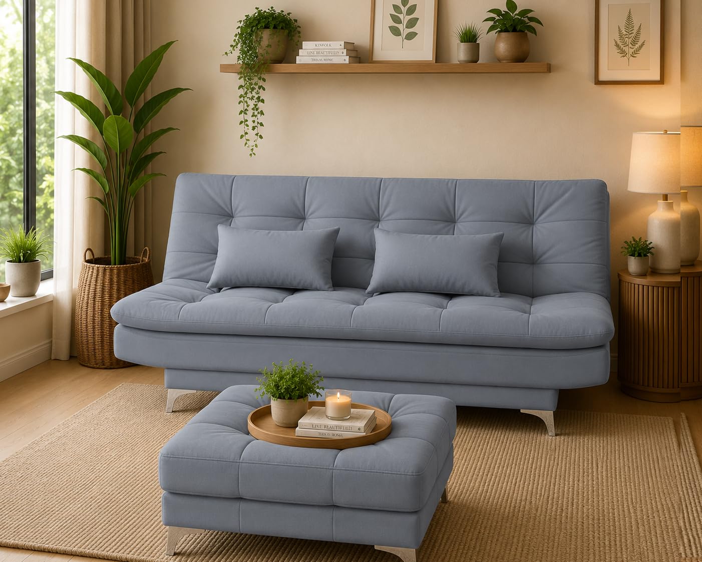 Krancy Solid Wood 3 Seater Sofa Cum Bed with Ottomon | Convertible Wooden Couch for Living Room, Home & Office | Modern Designer Furniture | 1 Year Warranty | Grey Color-image-44