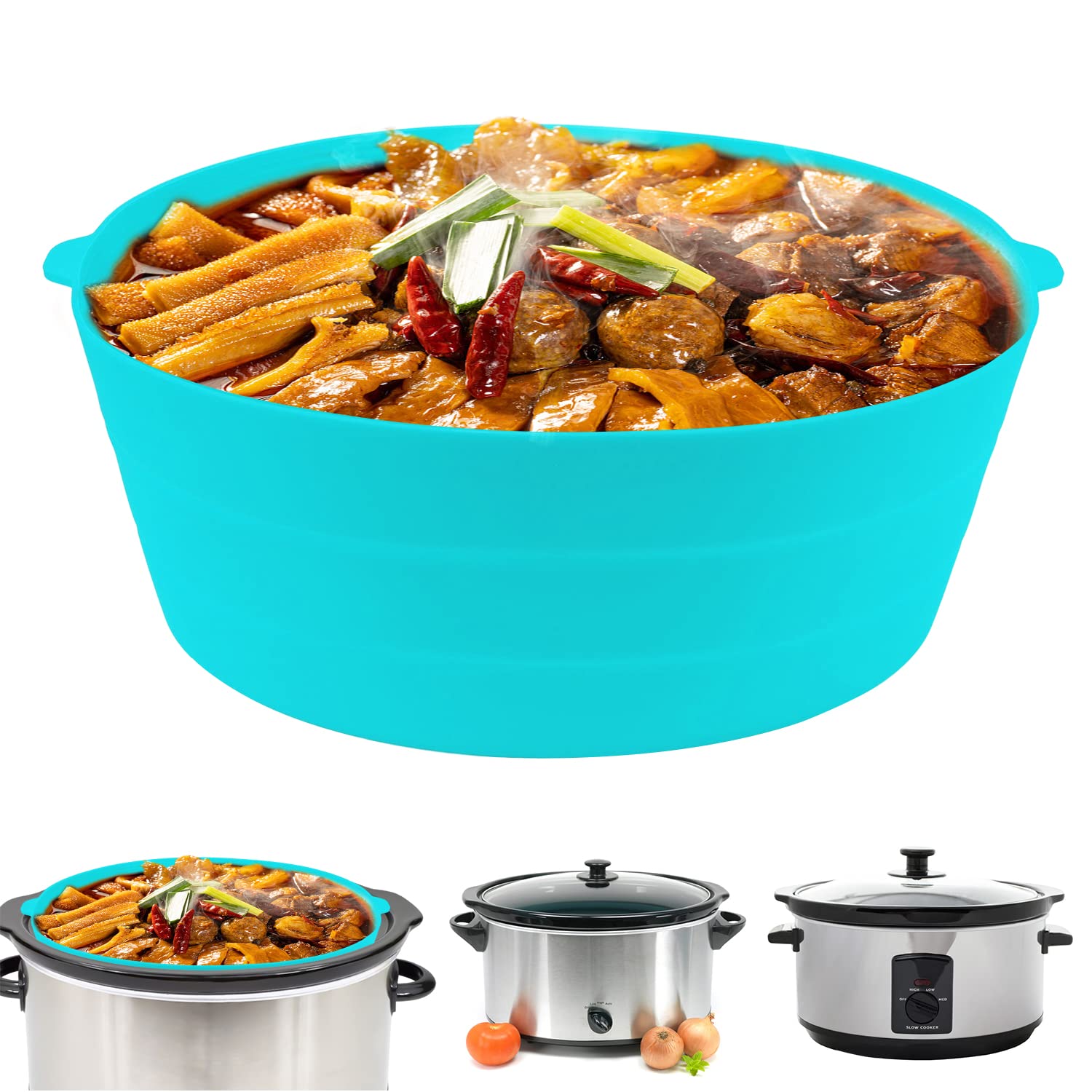 Pieghevole Fodera per Pentola a Cottura Lenta Compatibile con Crockpot 7-8 Qt, Riutilizzabile Silicone Slow Cooker Liner per Crockpot Pentole Ovali o Rotonde, Lavabile in Lavastoviglie (Blu)