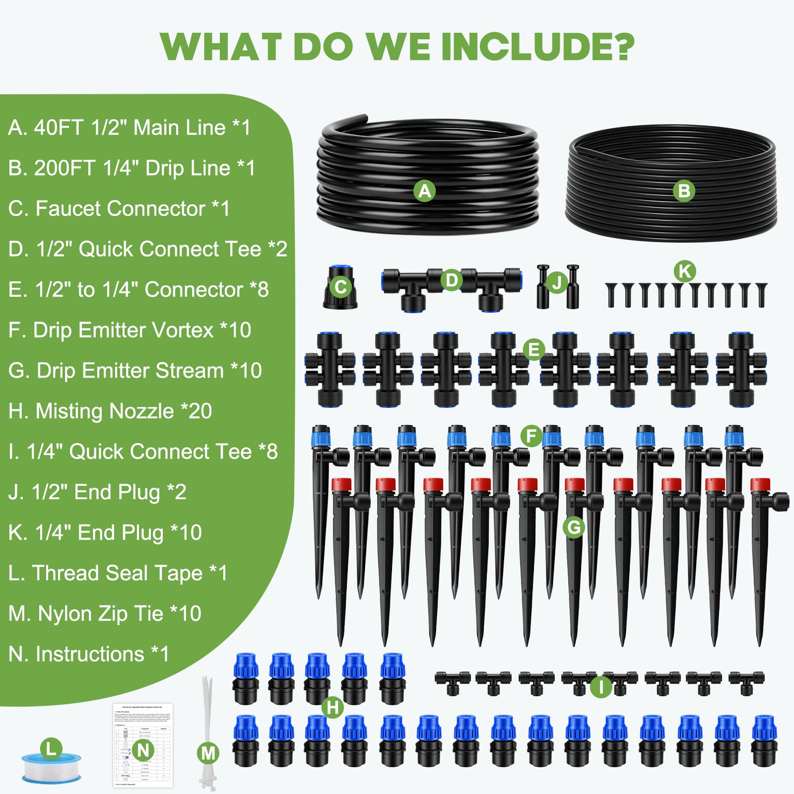 Sistema di irrigazione a goccia a innaffiamento rapido da 60 m, kit di irrigazione automatica da giardino con raccordi a bloccaggio rapido da 1/2" e 1/4", irrigatori regolabili per aiuole