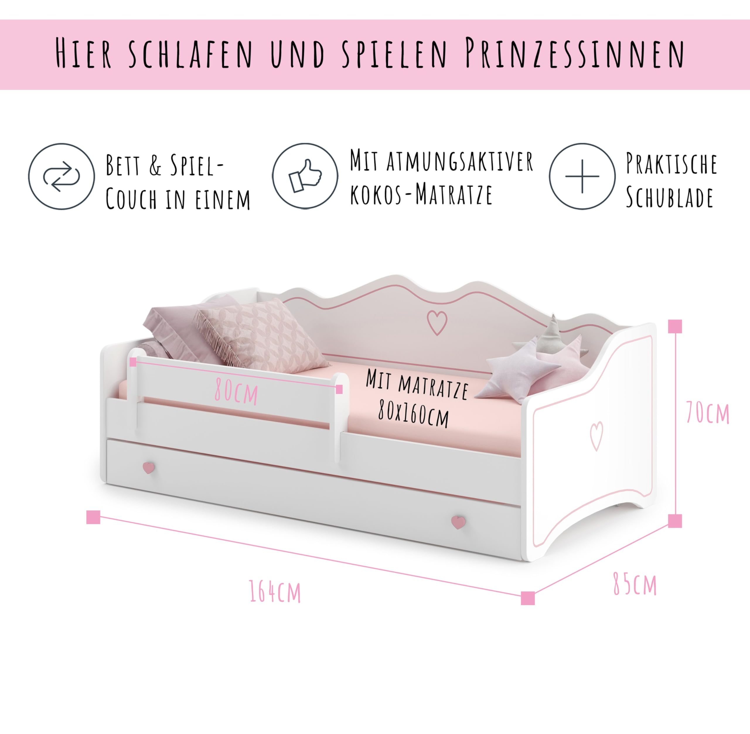 Kids Collective Kinderbett Mädchen Jugendbett 80x160 cm mit Matratze Rausfallschutz & Schublade | Prinzessin Kinder Sofa Couch Bett umbaubar rosa weiß | von 3. bis 10. Lebensjahr