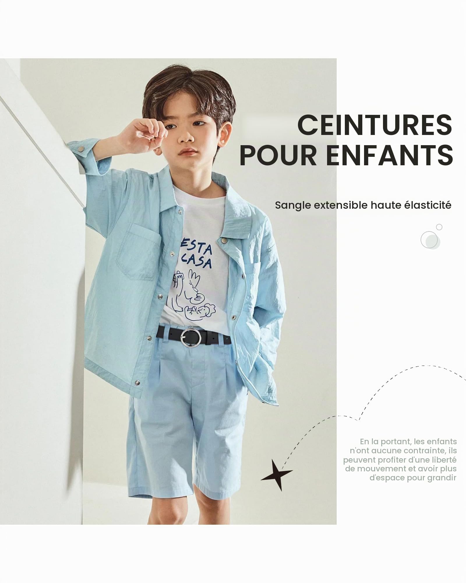 Ceinture élastique en cuir pour enfants – Ceinture extensible pour 3 à 16 Filles et Garçons de 40,6 à 80 cm