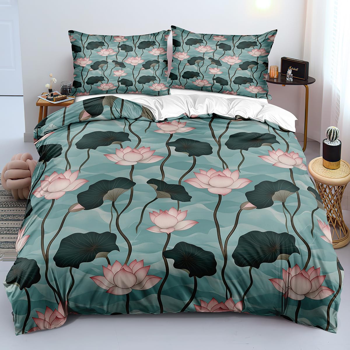 Parure de lit bleu sarcelle anti-plis en microfibre, housse de couette 140x200 imprimé zen