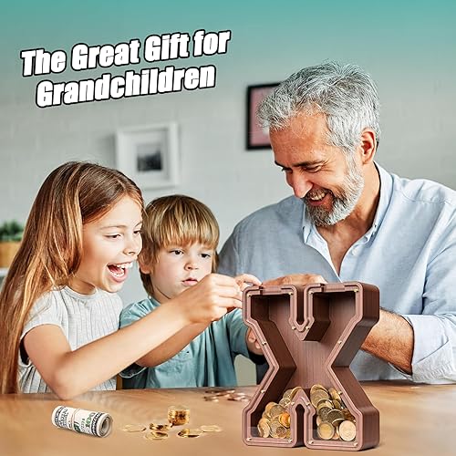 Miniatura 200 de SummiDate Alcancía de madera con nombre, niños y niñas, tamaño grande, letras alfabeto A-Z, monedas y billetes, inicial en cubierta transparente