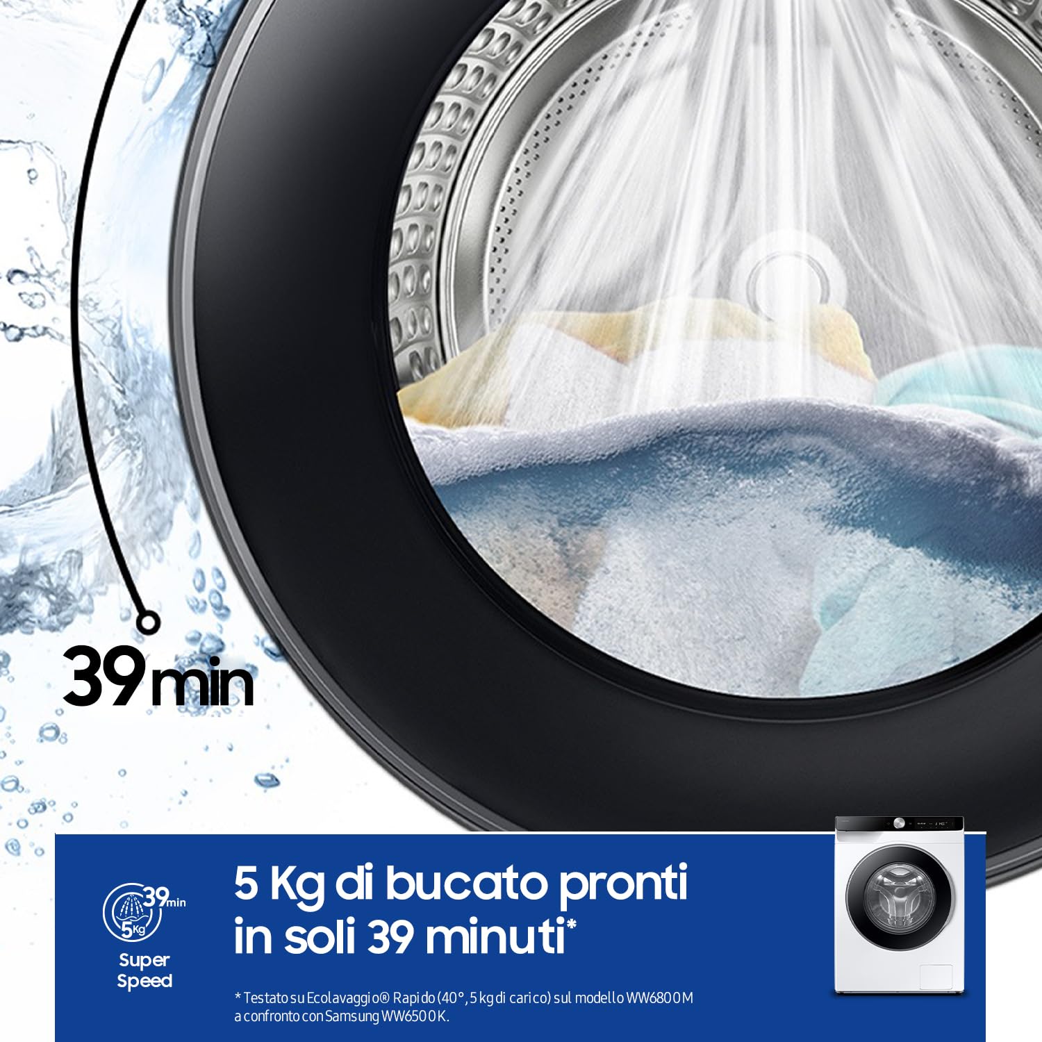 Samsung Lavatrice AI Control WW10FG6U34LK/U3, 10 Kg, AI Energy Mode, AI Ecobubble, Carica Frontale, Corpo: Bianco, Oblò e Display: Nero, 60l x 85h x 55p cm