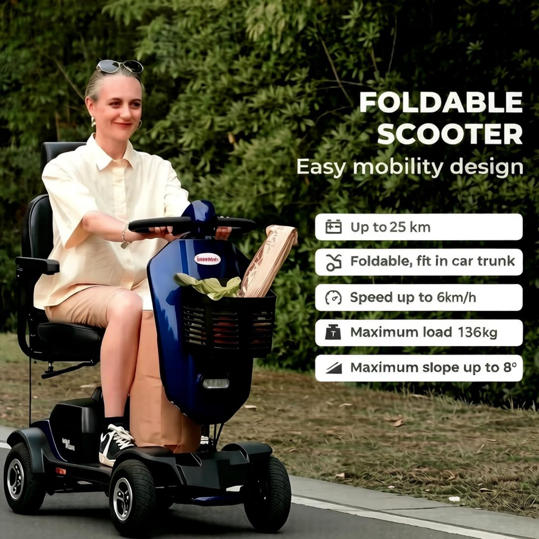Scooter de movilidad de largo alcance MAX Plus de 24 V para personas mayores: batería de 20 Ah, neumáticos neumáticos de 9 pulgadas, diseño plegable.(Azul)