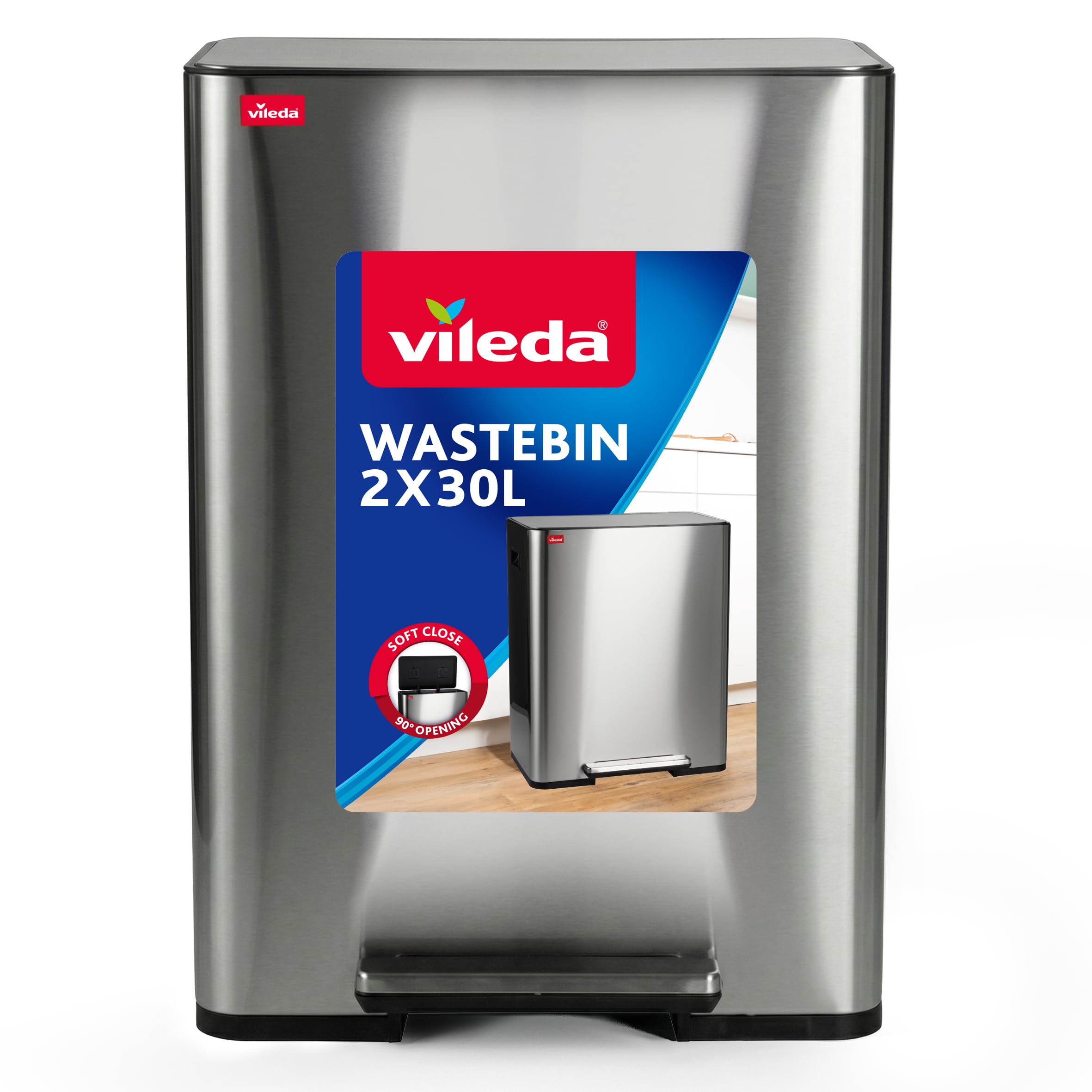 Vileda Mülleimer 60L Edelstahl silber mit 2x 30L Fächern - Treteimer mit Deckel - Abfalleimer 60L mit Soft-Close und 90 Grad Öffnung - Mülleimer Küche 60L - inkl. Einsatzfach für Duftpads im Deckel
