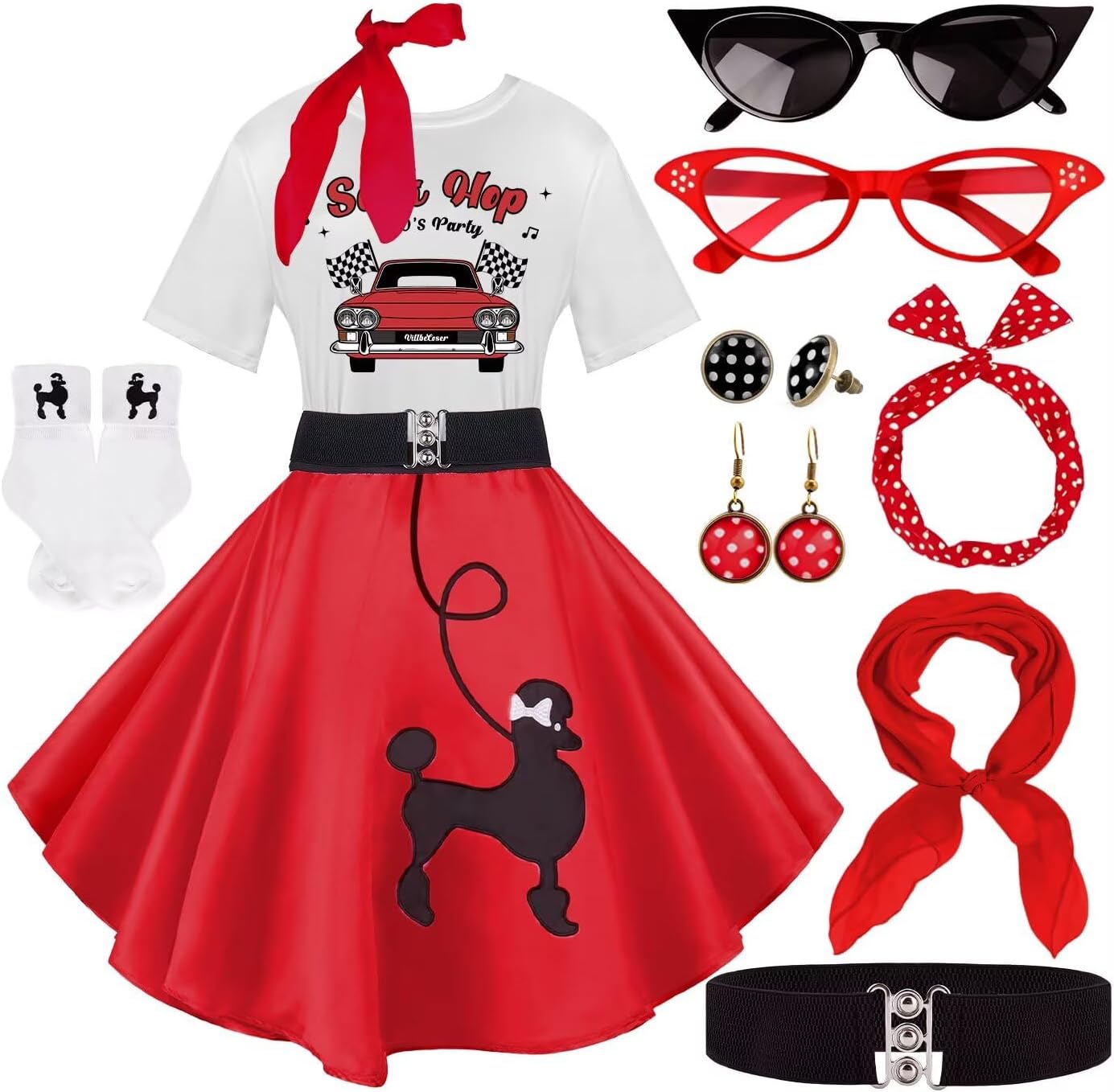 10Pcs Sock Hop Outfits Women, 1950s Poodle Skirts, Poodle T-Shirt with 50s Accessories Socks Scarf Headband Belt Earring