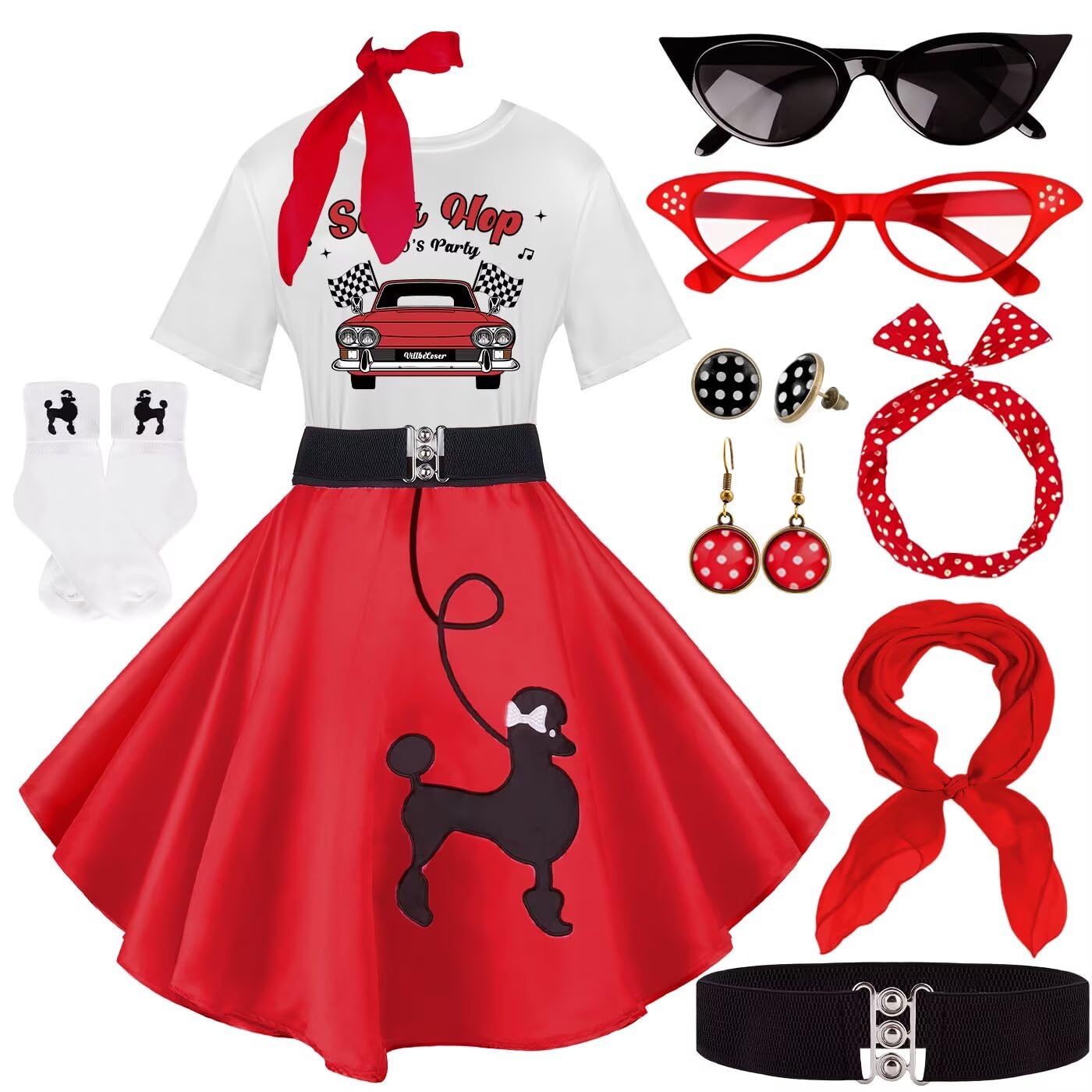 10Pcs Sock Hop Outfits Women, 1950s Poodle Skirts, Poodle T-Shirt with 50s Accessories Socks Scarf Headband Belt Earring