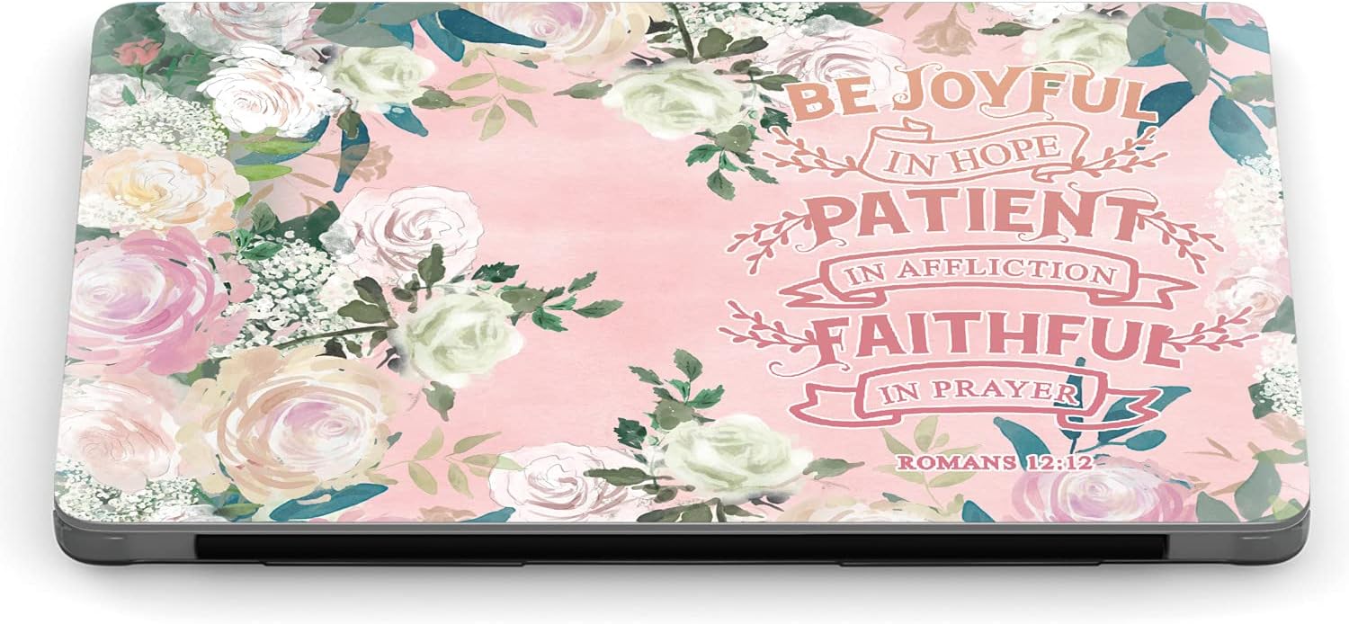 Mertak Hard Case Compatible with MacBook Pro 16 14 Air 15 13 inch M3 M2 M1 Mac 2024 2023 2022 2018 Romans 12:12 Clear Bible Verse Floral Touch Bar Roses Plastic Protective Be Joyful Scripture Inspire