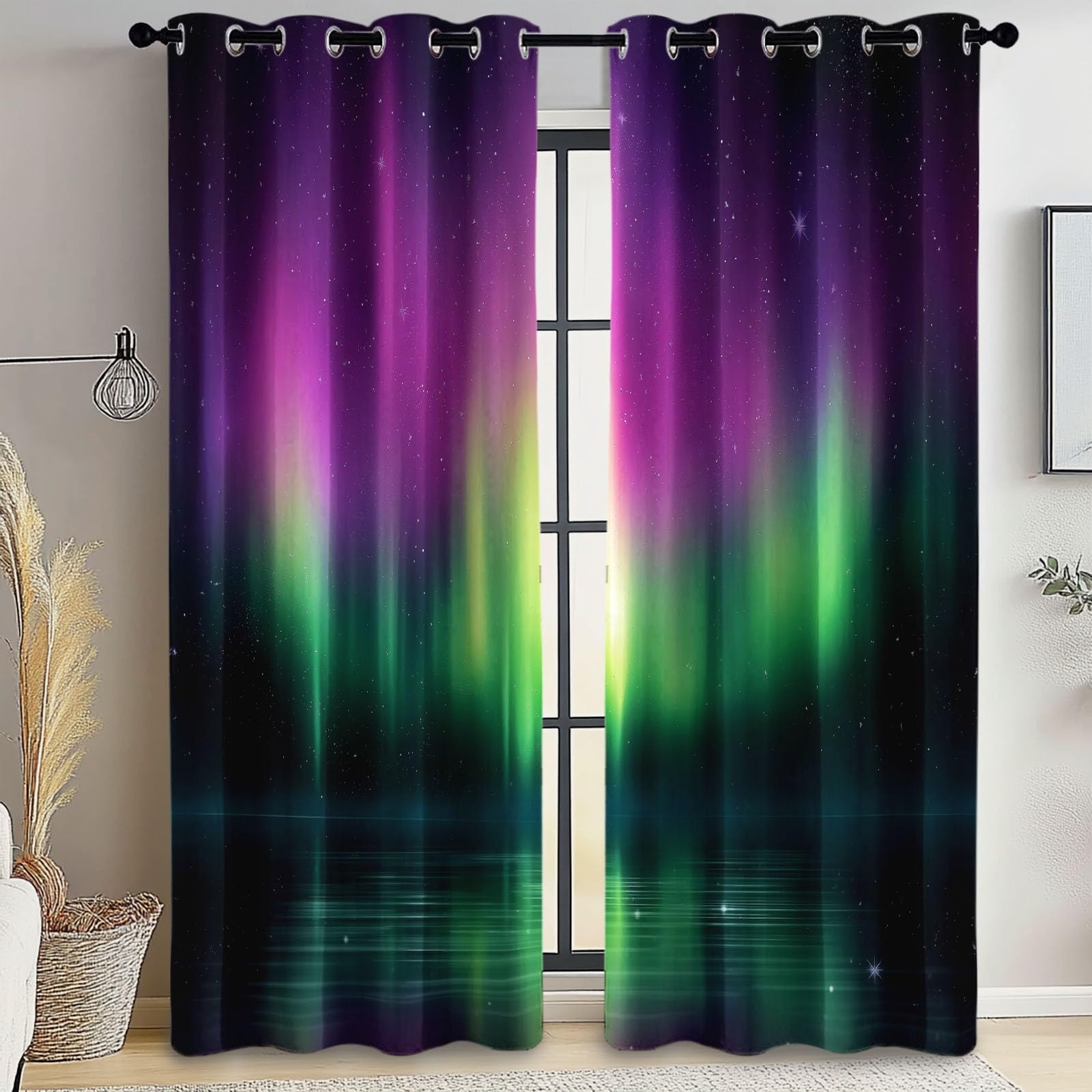 Verdunkelungsvorhänge H215 x B110 cm (2er Set), Natürliches Nordlicht Muster in Lila Grün, Thermo-Ösenschals für Wohnzimmer und Schlafzimmer
