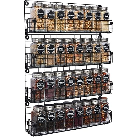 Spice Rack Organizer Wall Mounted 4-Tier Stackable Black Iron Wire Hanging Spice Shelf Storage Racks,Great for Kitchen and Pantry Storing Spices, Household Items,Bathroom and More(Patent No.:D909138S)