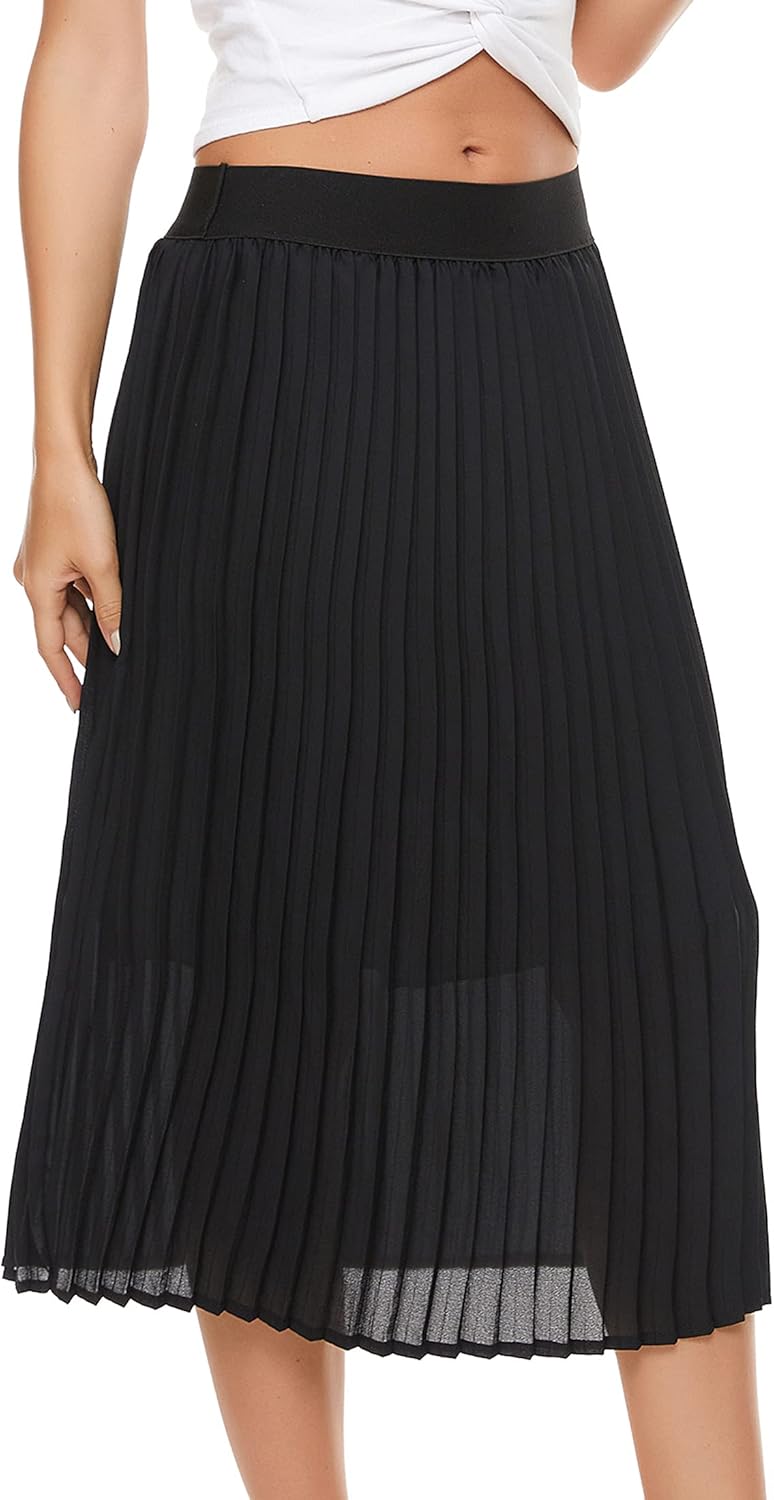 Womens Pleated Midi Skirt,High Waist Swing Boho Pleated Skirt Casual Chiffon Elastic A-line Long Skirts - Image 8