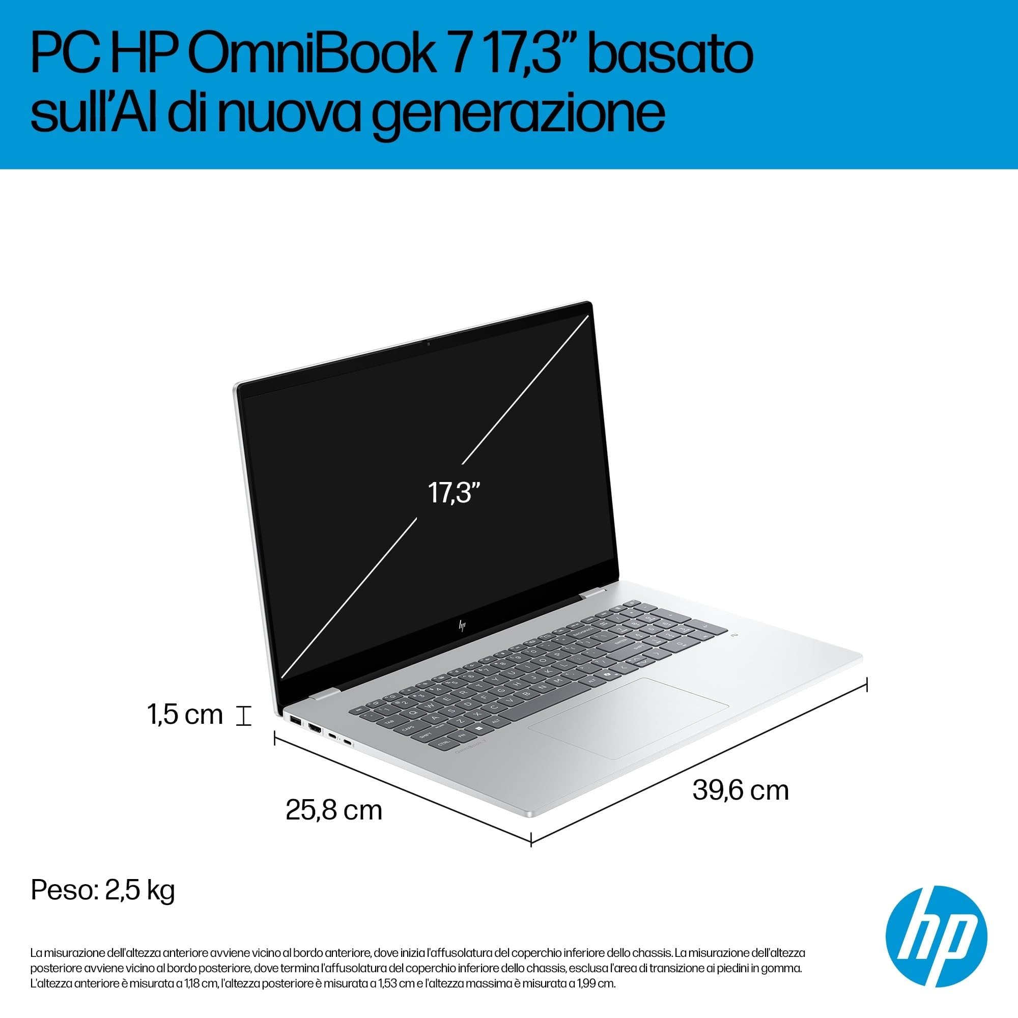 HP Omnibook 7 17-dc0000sl, Intel Core Ultra 7-258V, Intel Evo Edition, AI, RAM 32GB LPDDR5, SSD 1TB, NVIDIA RTX 4050 6GB, Display 17" FHD IPS 400 Nits, 5MP IR Privacy Cam, Windows 11, Argento
