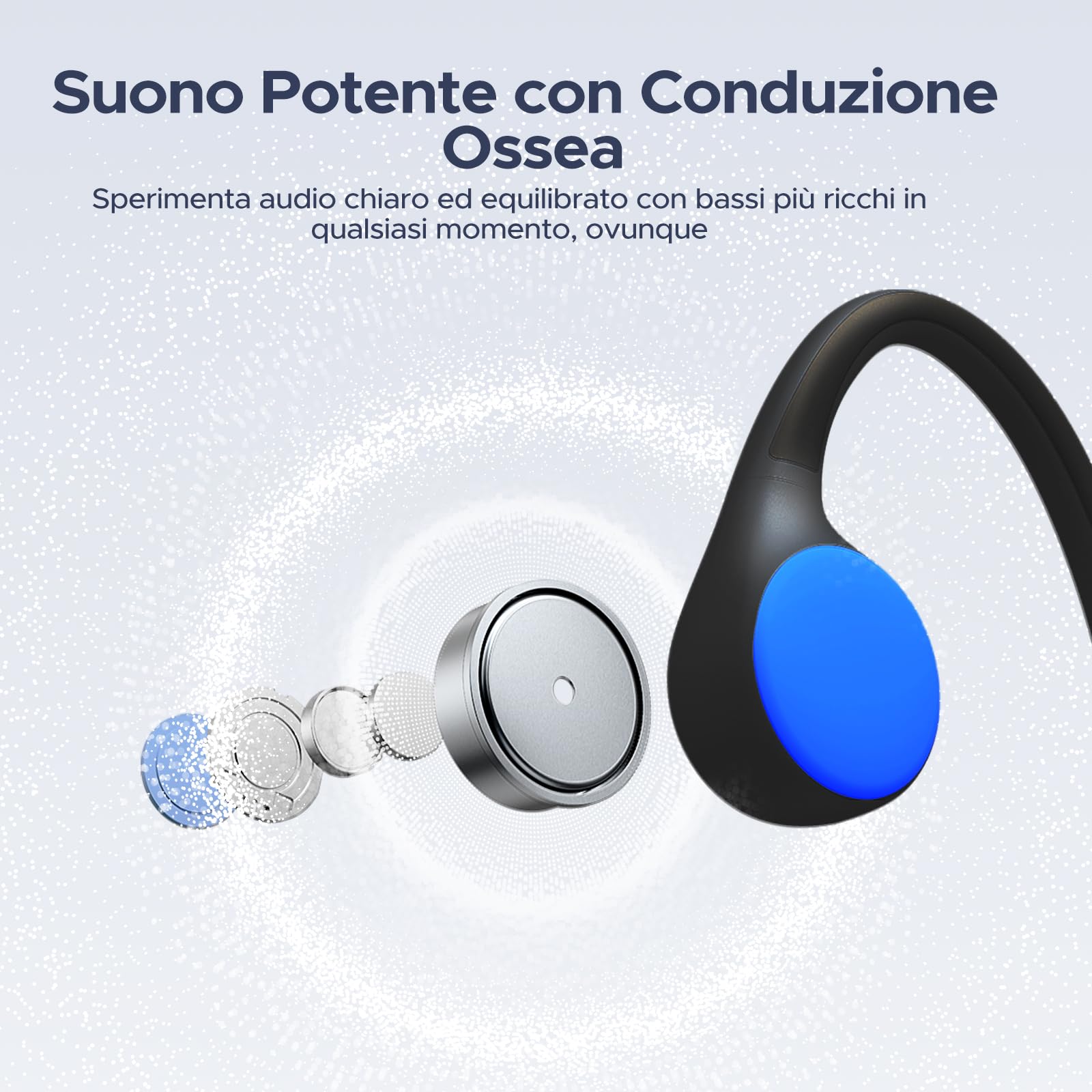 Bone Beat Run Cuffie Conduzione Ossea, Auricolari Sport Bluetooth Impermeabili IP66 Senza Tappi, 10h Autonomia Ricarica Rapida Doppia EQ Orecchie Aperte per Corsa Ciclismo Palestra - Blu
