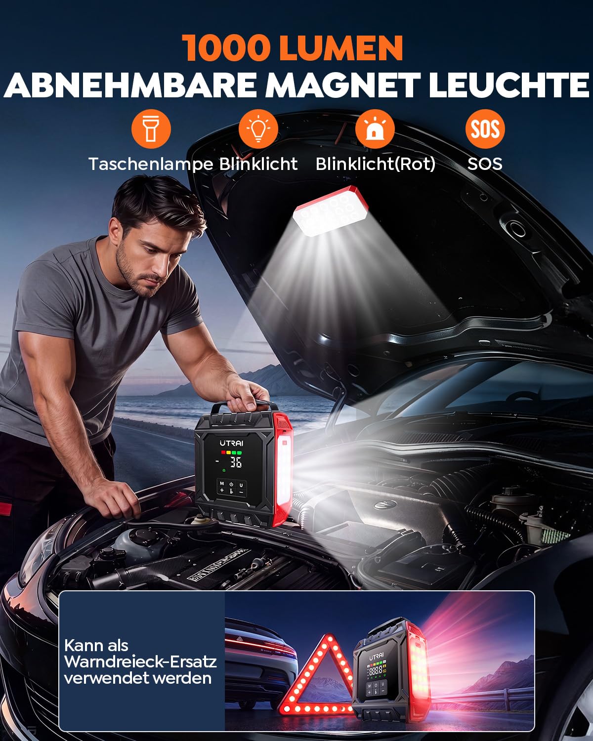 UTRAI Starthilfe Powerbank für Pkw mit Kompressor, 7000A 160PSI Auto Starthilfe Powerbank für Alle Benzin und Bis 12L Diesel, Starter Powerbank mit 1000 Lumen Magnetlampe, 18-W-Ausgang
