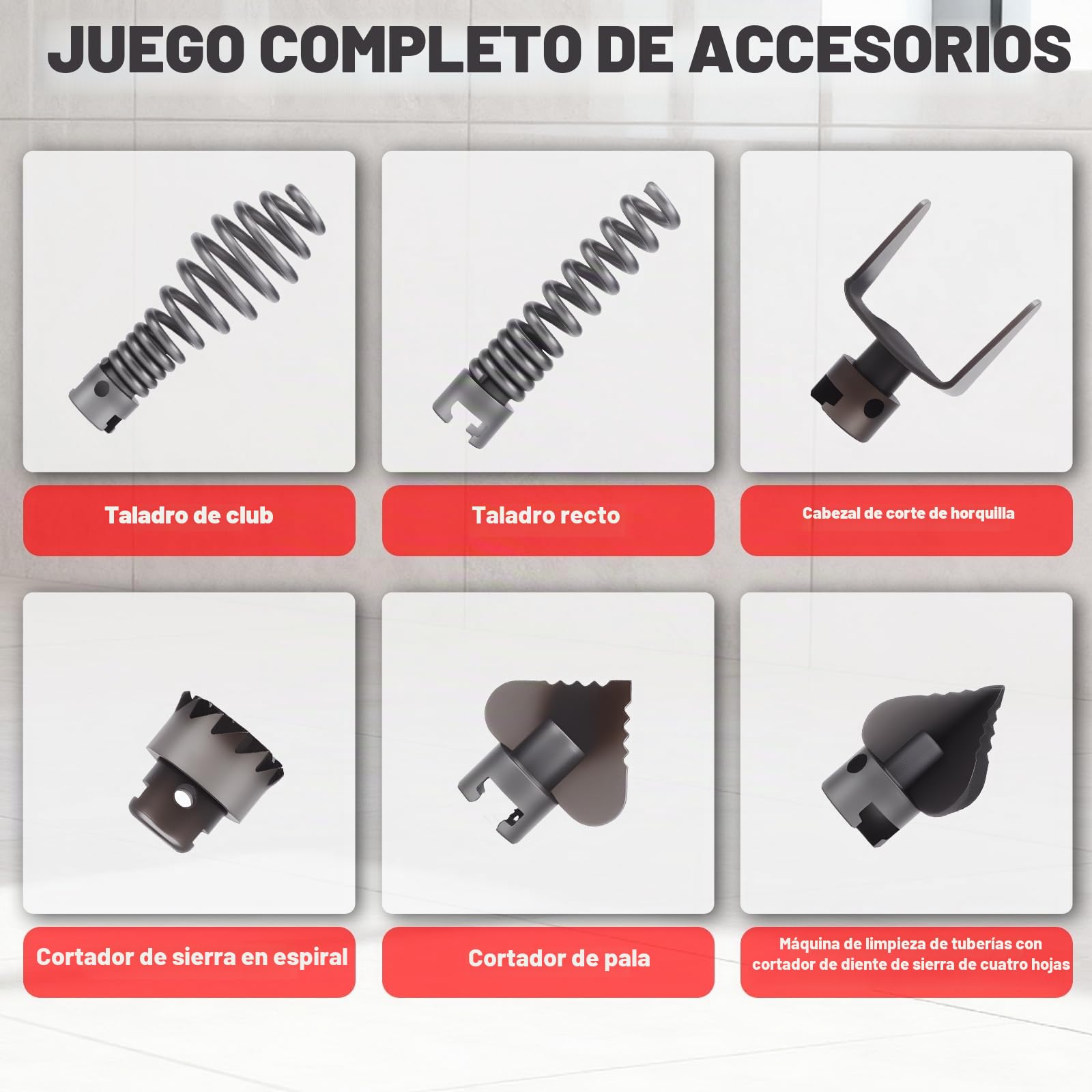 KAOLALI 500W Desatascador de Tuberías Eléctrico, Máquina de Limpieza de Desagües Electrico con 6 Cabezales de Limpieza, para Tuberías de 40 a 110 mm de Diámetro