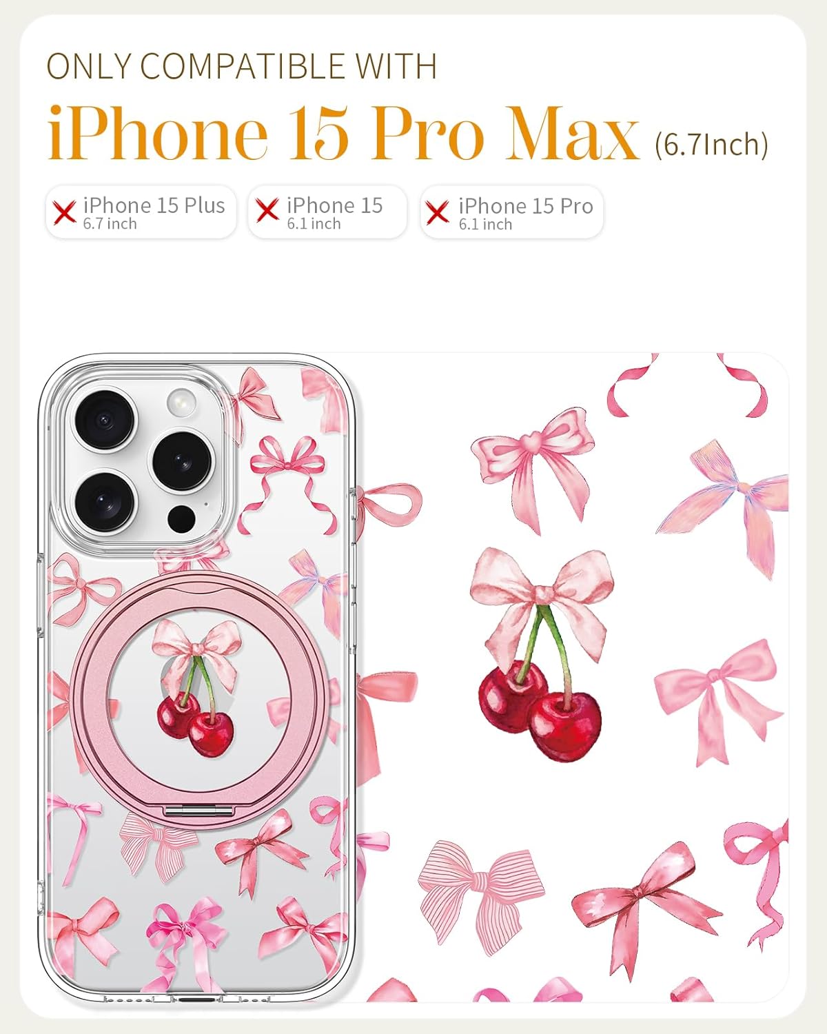 Loheckle for iPhone 15 Pro Max Case with Stand- Compatible with MagSafe Women Girls Cute Clear Girly Aesthetic Unique Design Soft TPU Magnetic Ring Phone Cover for Apple 15 Promax, Bow - Image 2