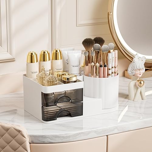 Organizador de maquillaje para tocador con 2 cajones, soporte giratorio para brochas de maquillaje, soporte organizador de baño, vitrina de