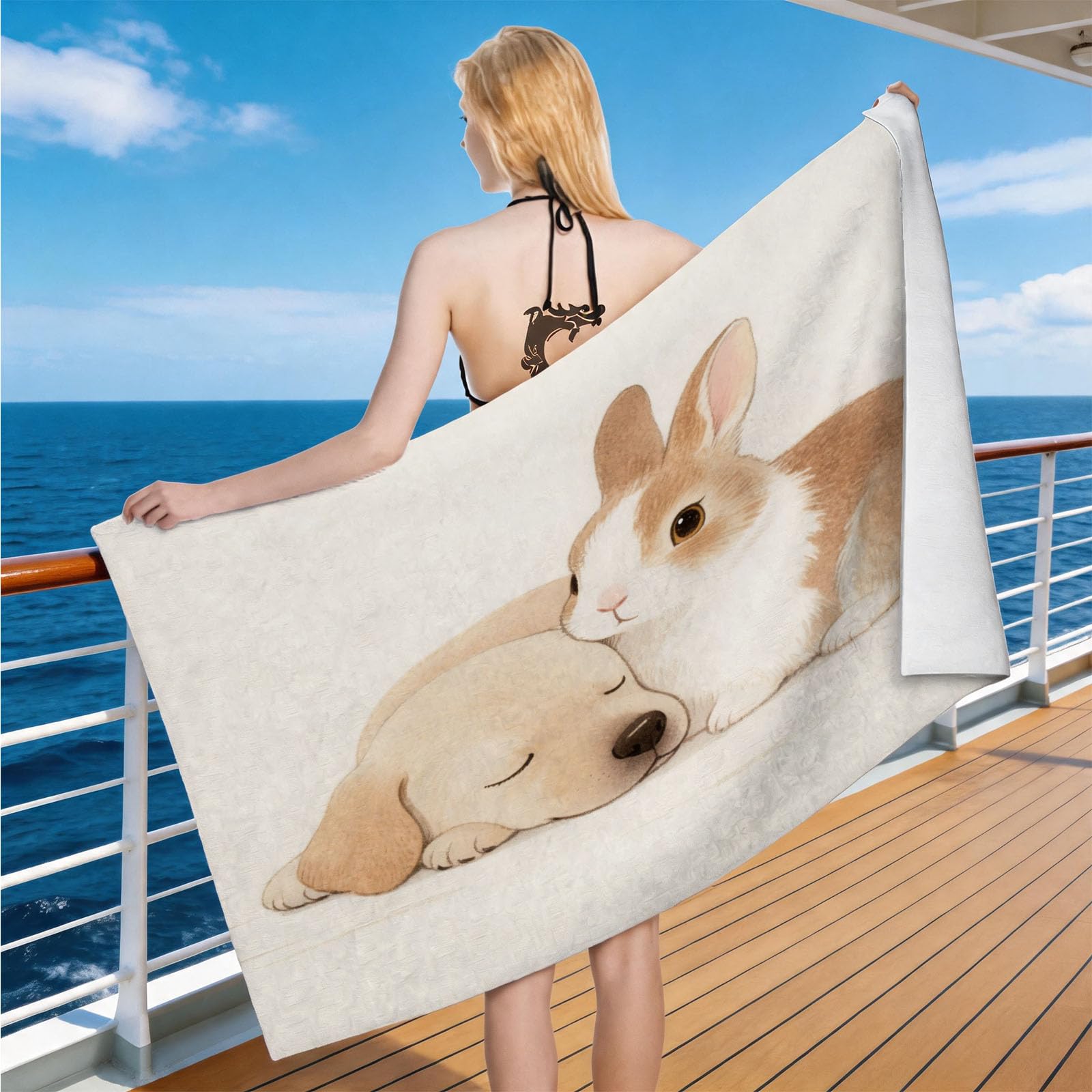 Hongduo Microfiber Quick Dry Beach Towel Dog & Rabbit, 3D Cartoon Beach Towels Absorbent Fast Drying Bath Towels, Travel Camping Gym Swimming Bathroom (80x160cm)
