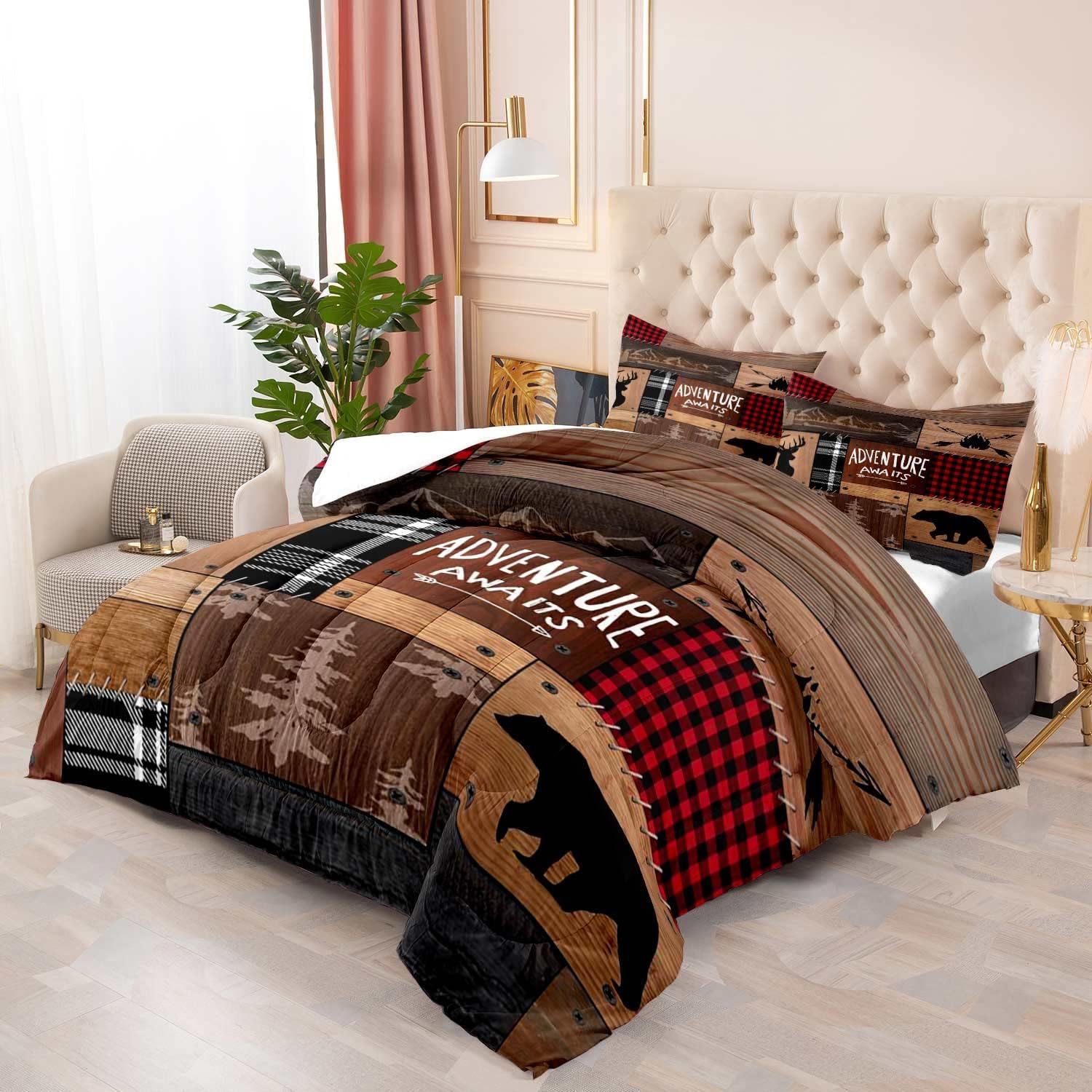 LUVIVIHOME 3PCS Rustic Cabin Comforter Set Queen Size, Farmhouse Bedding, Black Bear Deer Elk Moose Forest Animal Wildlife Hunting Country Brown Patchwork White Red Plaid Lodge Quilt, 2 Pillow Shams - Image 3