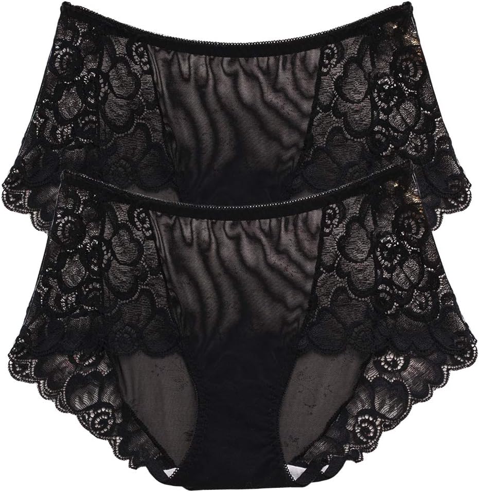 Women's Underwear, Sexy and Breathable Lace Underwear Briefs Mid Rise Lace Panties for Women 2 Pack Black