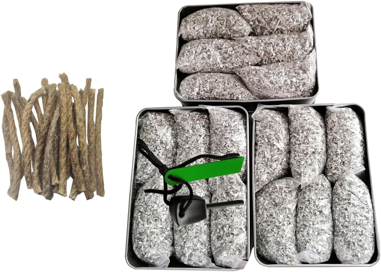 Magnesium Fire Starter Kit with Ferro Rod – Emergency Survival Gear with 12 Bags 99% Pure Magnesium + Waist Bag Waterproof Tin for Camping, Hiking, Bushcraft