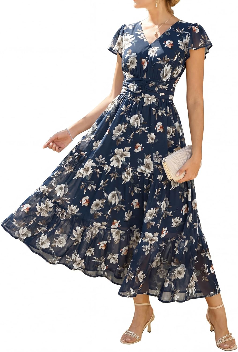 GRACE KARIN 2026 Women Summer Dress,Maxi Short Sleeve Floral Dresses,Semi Formal Flowy Wedding Guest Dress with Pocket
