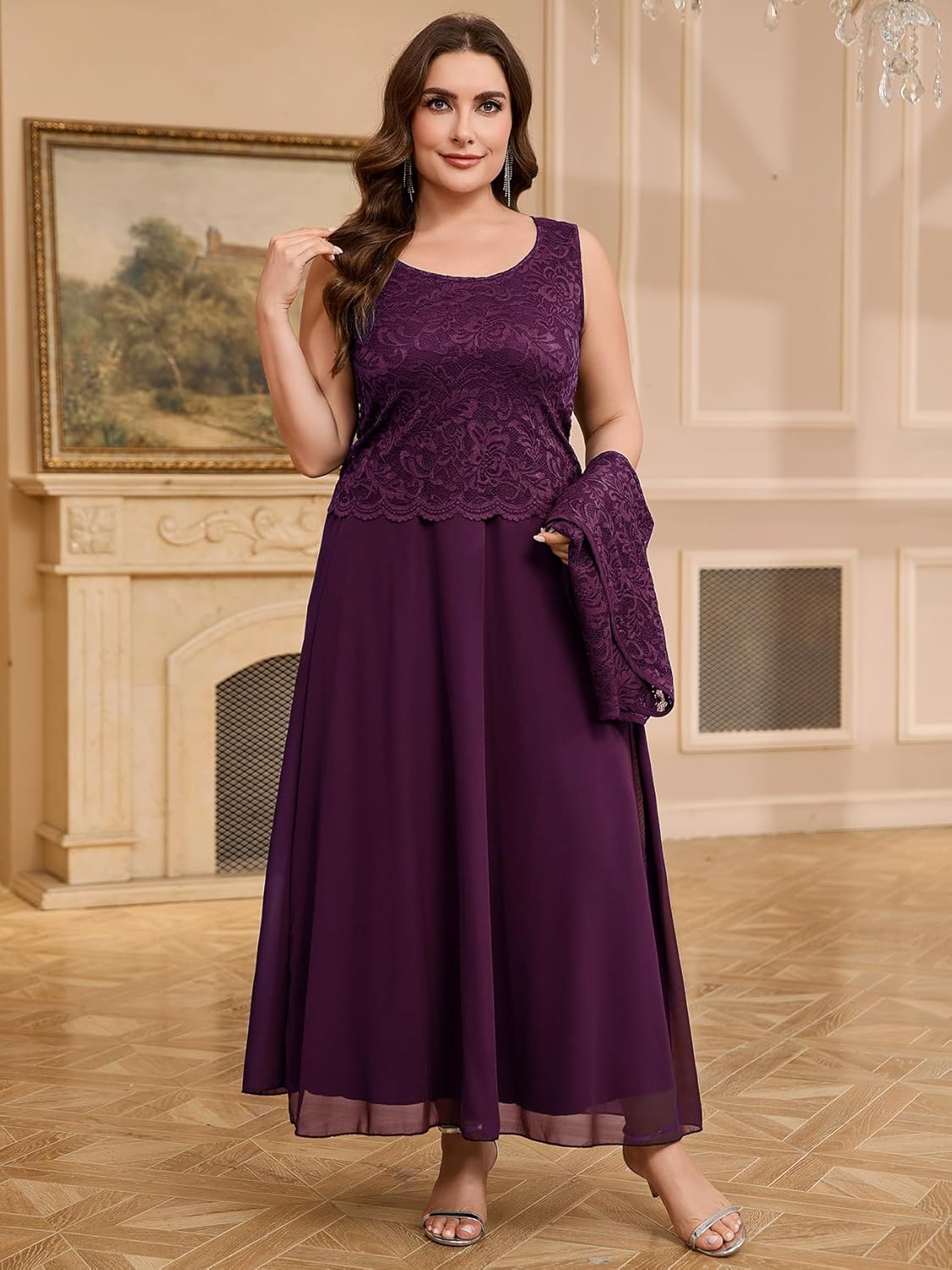 CYCLAMEN Plus Size 2 Piece Formal Dress Suit Mother of The Bride Dresses Sets with Lace Jacket Elegant Wedding Outfits